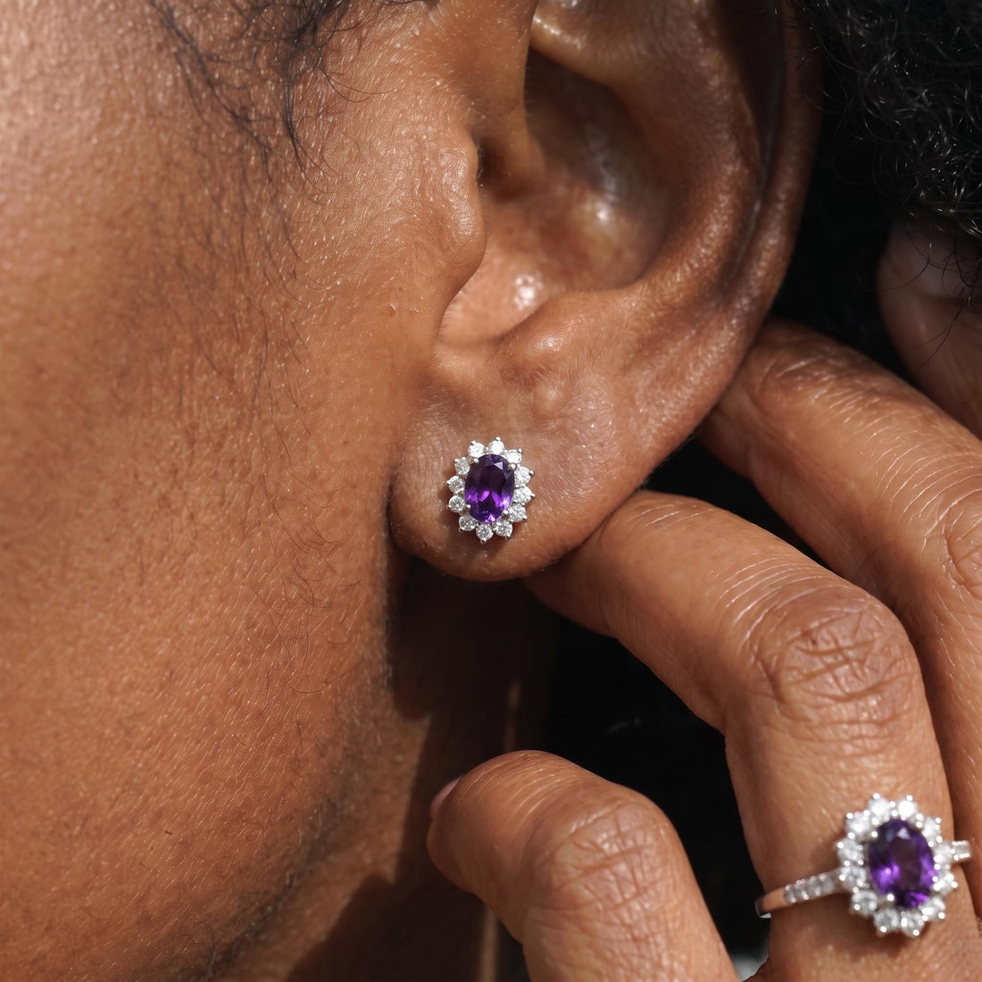 Vibrant Purple Amethyst & Diamond Halo Stud Earrings | Oval Gemstone 14K White Gold Classic Statement Jewelry | Elegant Gift for Her
