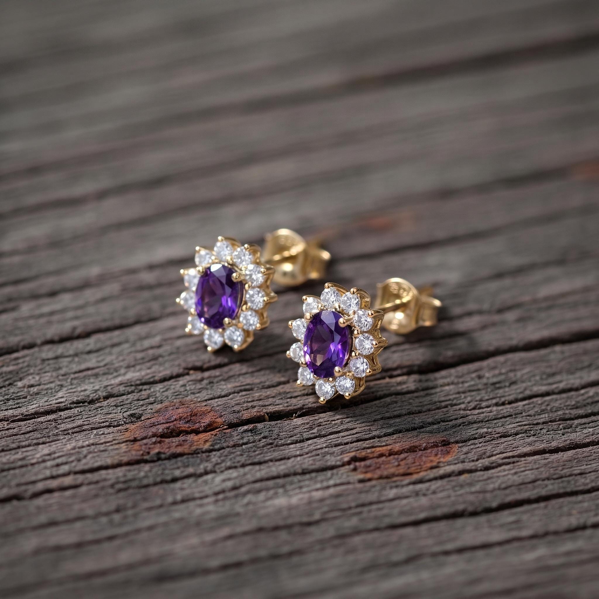 Vibrant Purple Amethyst & Diamond Halo Stud Earrings | Oval Gemstone 14K White Gold Classic Statement Jewelry | Elegant Gift for Her