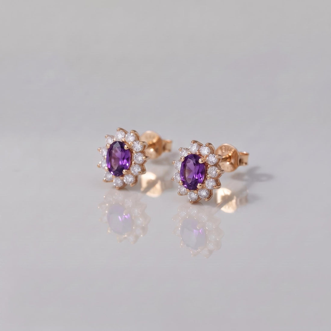 Vibrant Purple Amethyst & Diamond Halo Stud Earrings | Oval Gemstone 14K White Gold Classic Statement Jewelry | Elegant Gift for Her