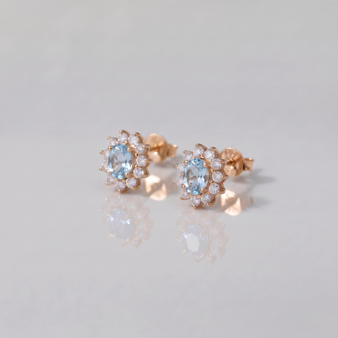 Oval Aquamarine & Diamond Halo Stud Earrings | 14K White Gold March Birthstone Dainty Fine Jewelry Gift for Her