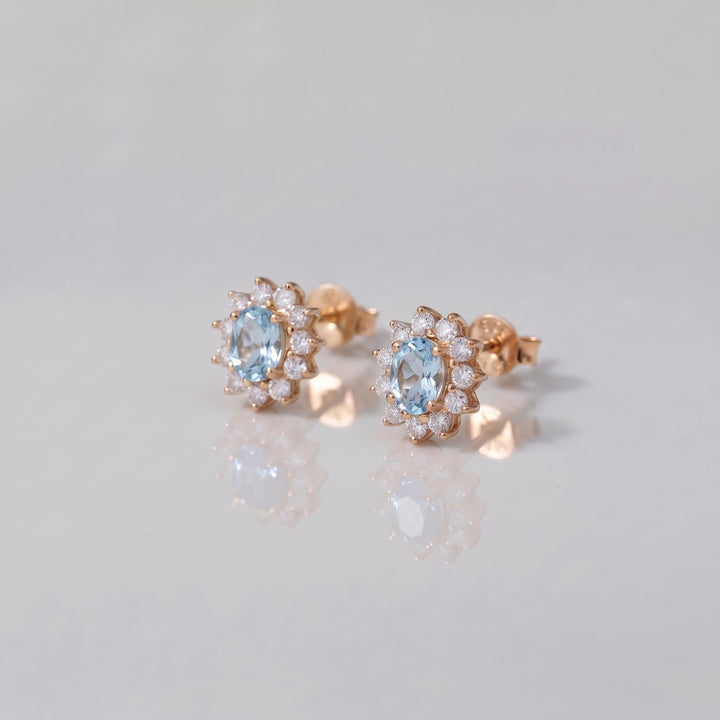 Oval Aquamarine & Diamond Halo Stud Earrings | 14K White Gold March Birthstone Dainty Fine Jewelry Gift for Her