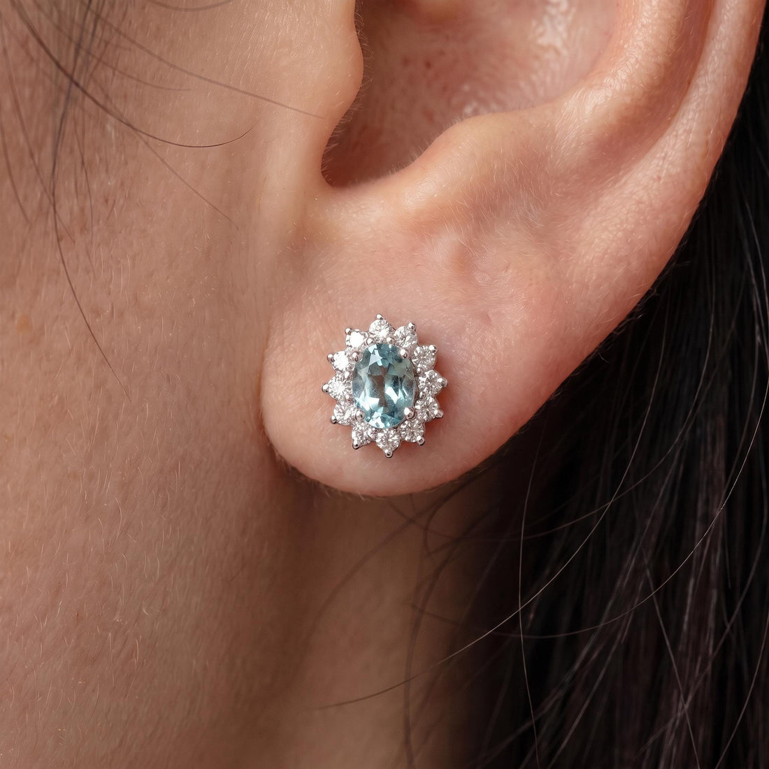 Oval Aquamarine & Diamond Halo Stud Earrings | 14K White Gold March Birthstone Dainty Fine Jewelry Gift for Her