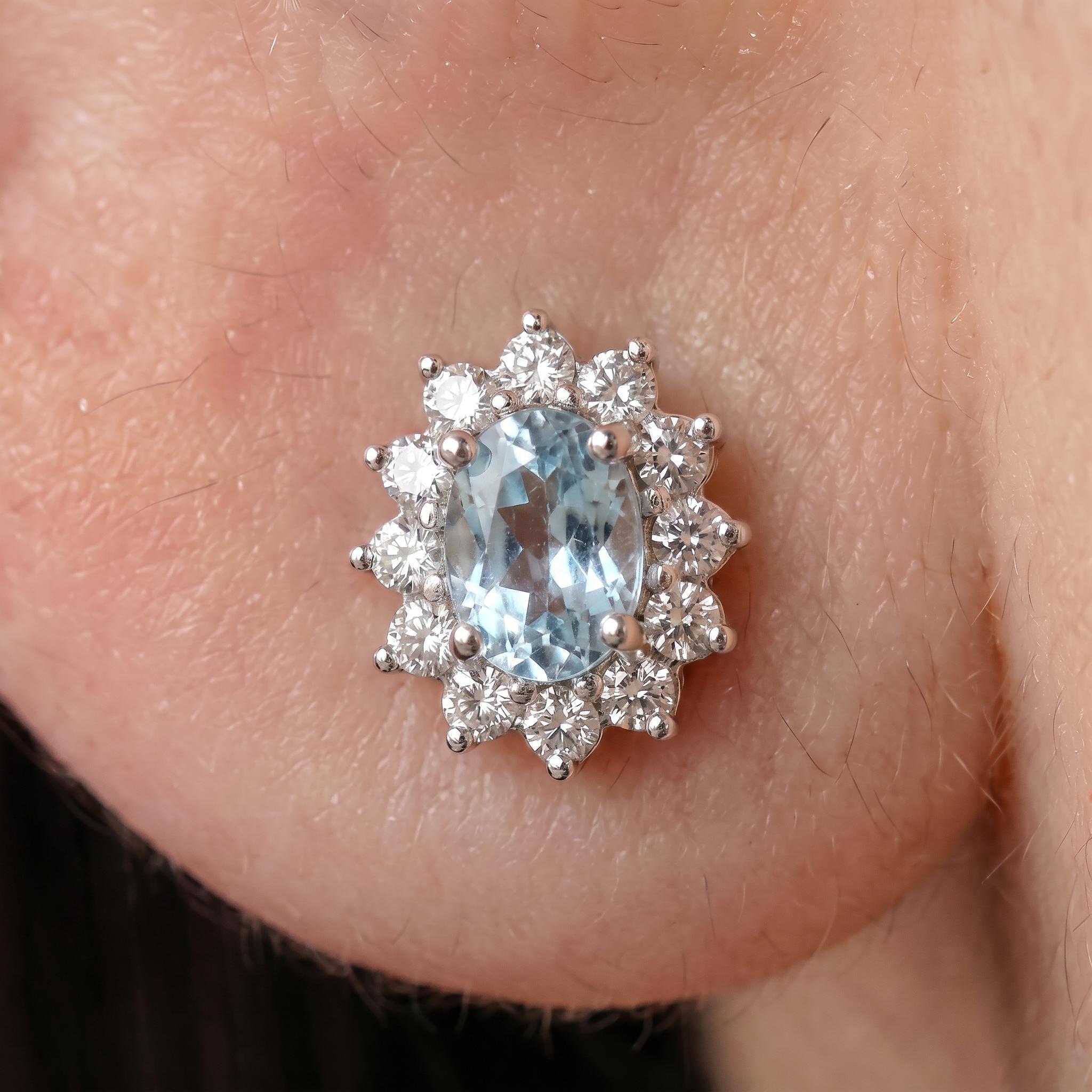 Oval Aquamarine & Diamond Halo Stud Earrings | 14K White Gold March Birthstone Dainty Fine Jewelry Gift for Her