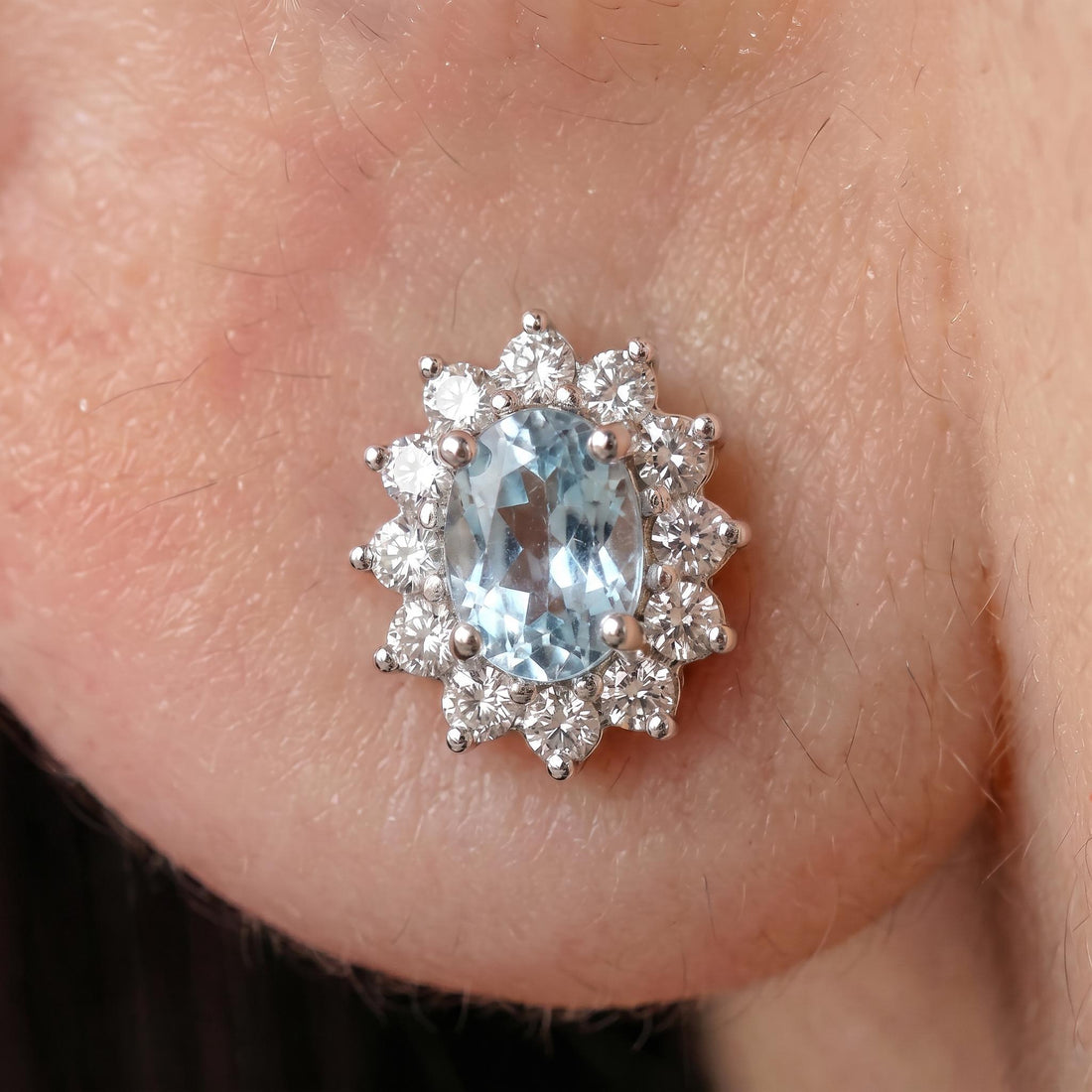 Oval Aquamarine & Diamond Halo Stud Earrings | 14K White Gold March Birthstone Dainty Fine Jewelry Gift for Her