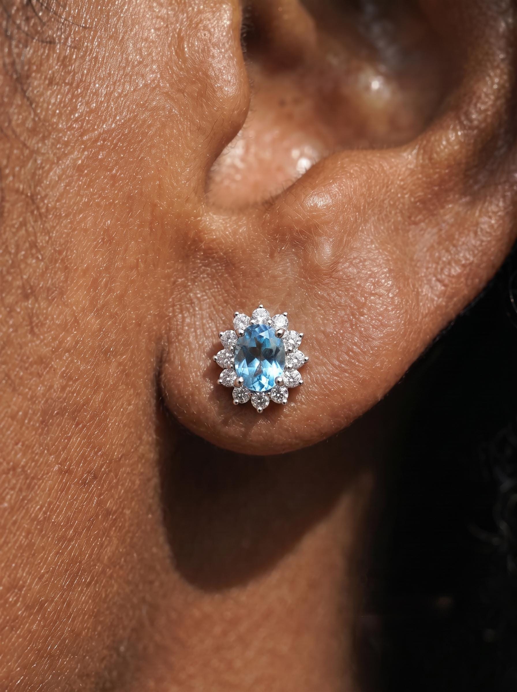 Oval Aquamarine & Diamond Halo Stud Earrings | 14K White Gold March Birthstone Dainty Fine Jewelry Gift for Her