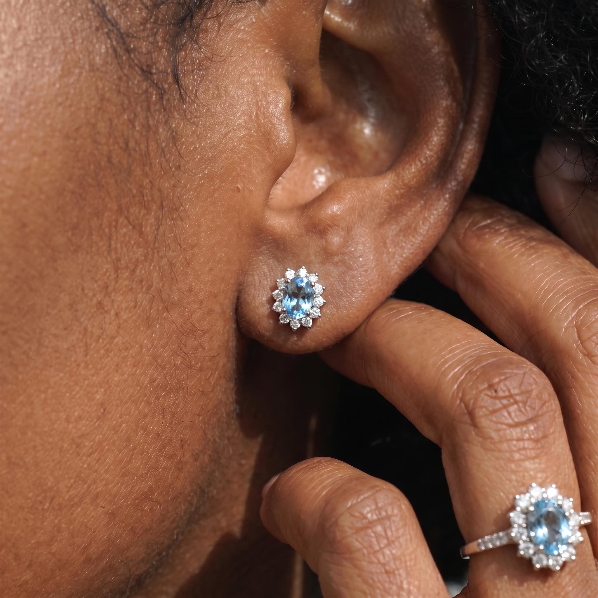 Oval Aquamarine & Diamond Halo Stud Earrings | 14K White Gold March Birthstone Dainty Fine Jewelry Gift for Her