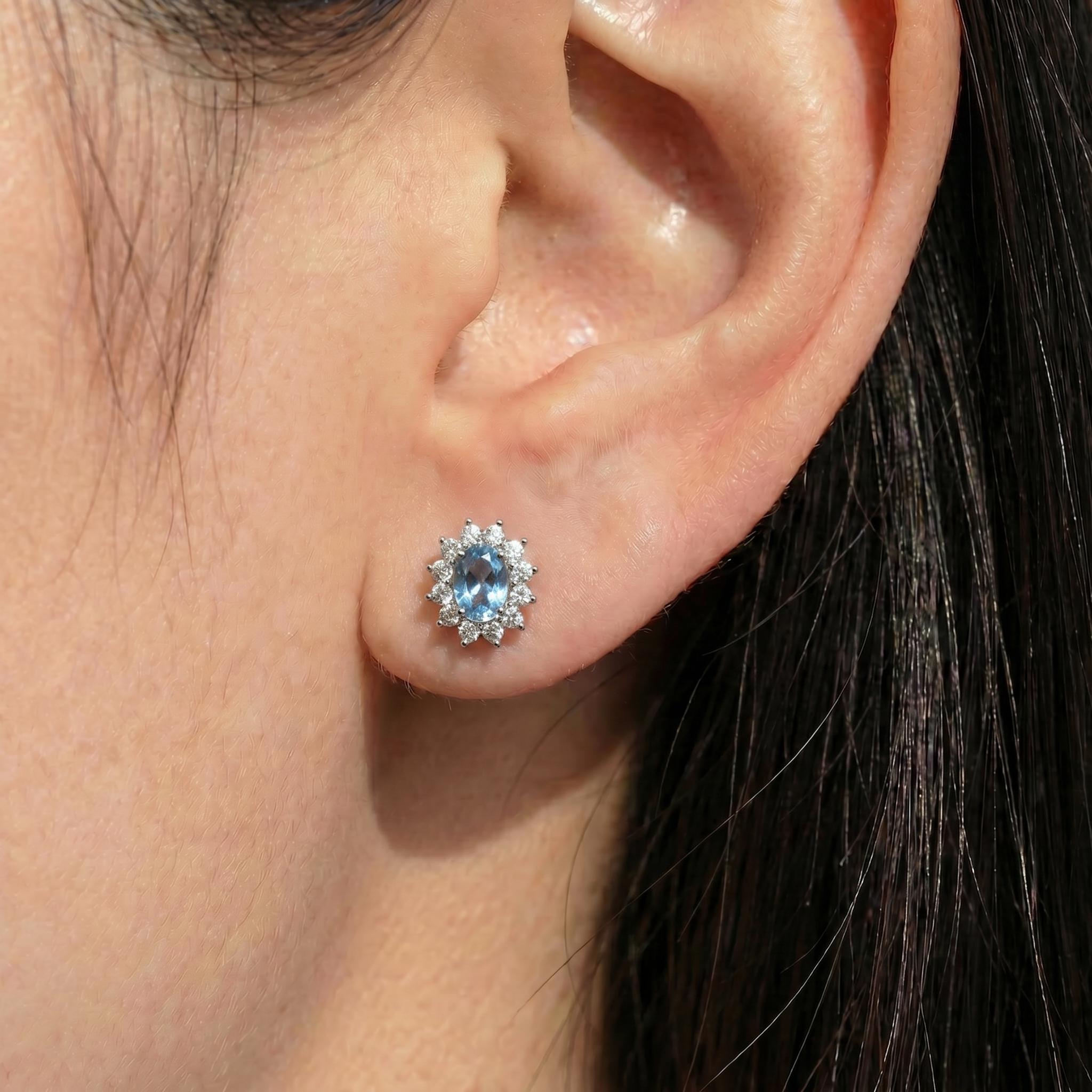 Oval Aquamarine & Diamond Halo Stud Earrings | 14K White Gold March Birthstone Dainty Fine Jewelry Gift for Her