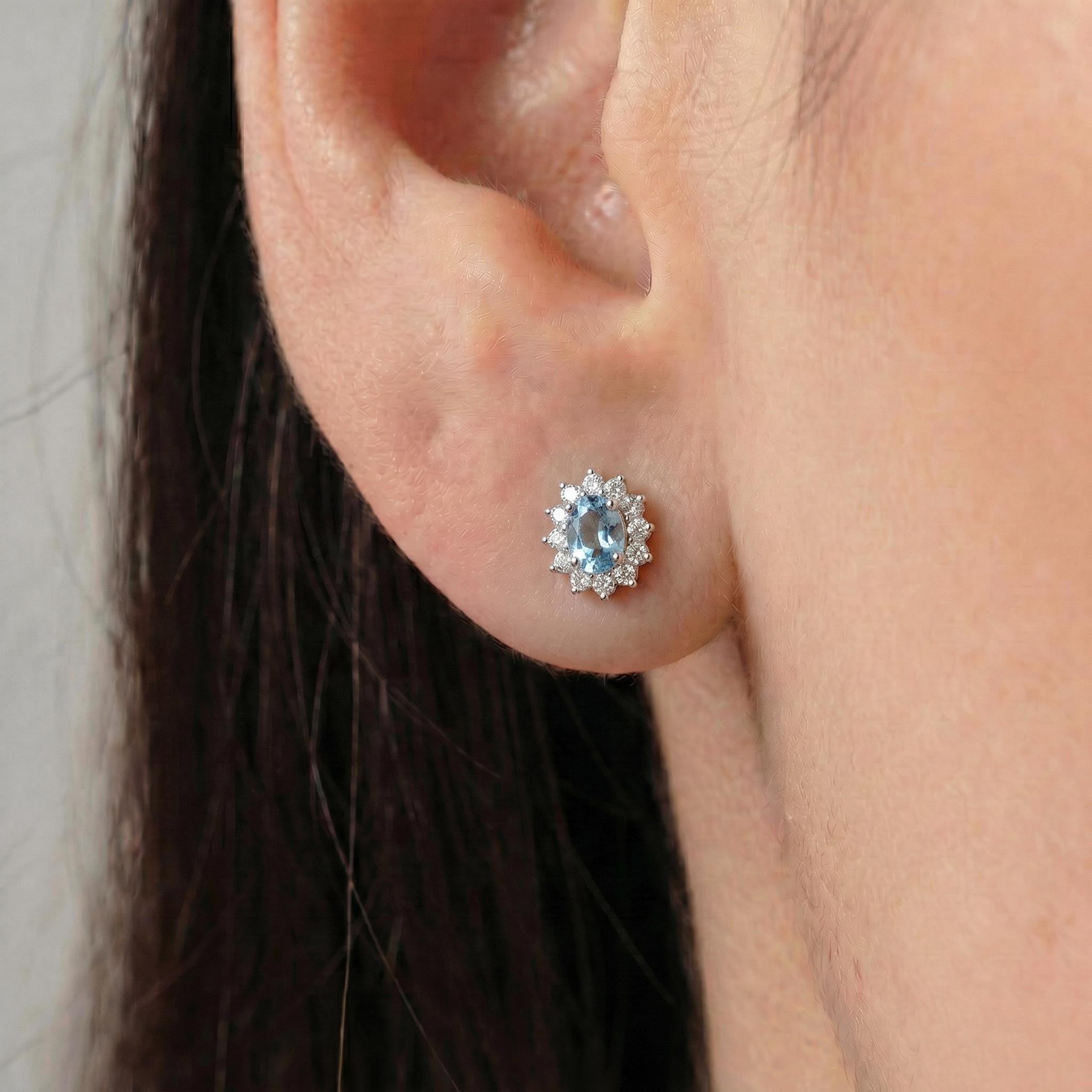 Oval Aquamarine & Diamond Halo Stud Earrings | 14K White Gold March Birthstone Dainty Fine Jewelry Gift for Her