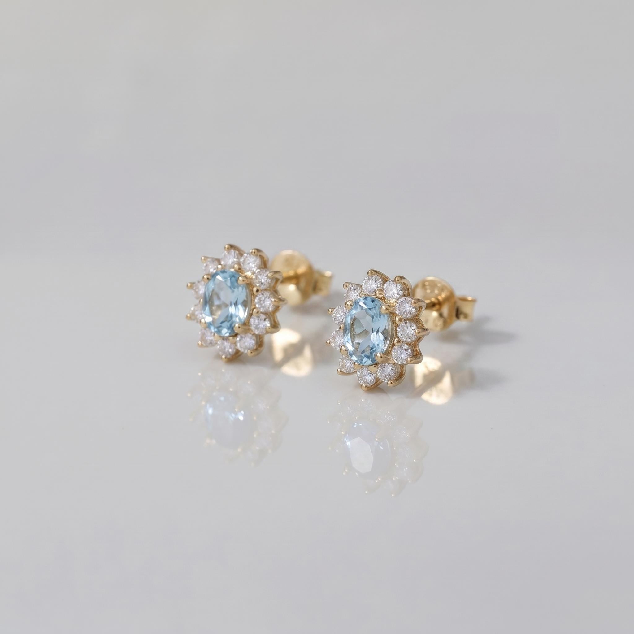 Oval Aquamarine & Diamond Halo Stud Earrings | 14K White Gold March Birthstone Dainty Fine Jewelry Gift for Her