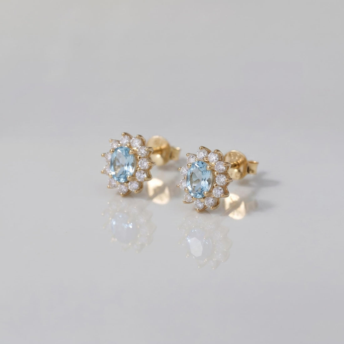 Oval Aquamarine & Diamond Halo Stud Earrings | 14K White Gold March Birthstone Dainty Fine Jewelry Gift for Her