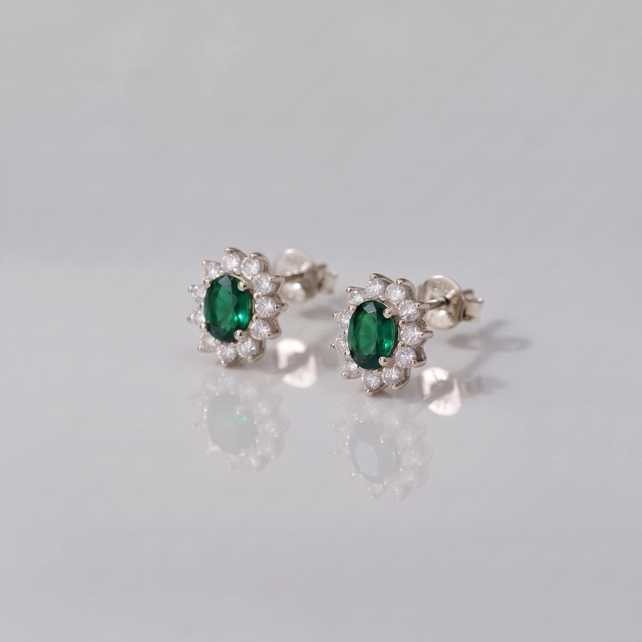 Emerald Stud Earrings, CZ Halo Earrings, Oval Green Gemstone Studs, May Birthstone Jewelry