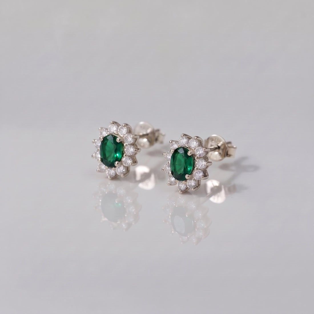 Emerald Stud Earrings, CZ Halo Earrings, Oval Green Gemstone Studs, May Birthstone Jewelry