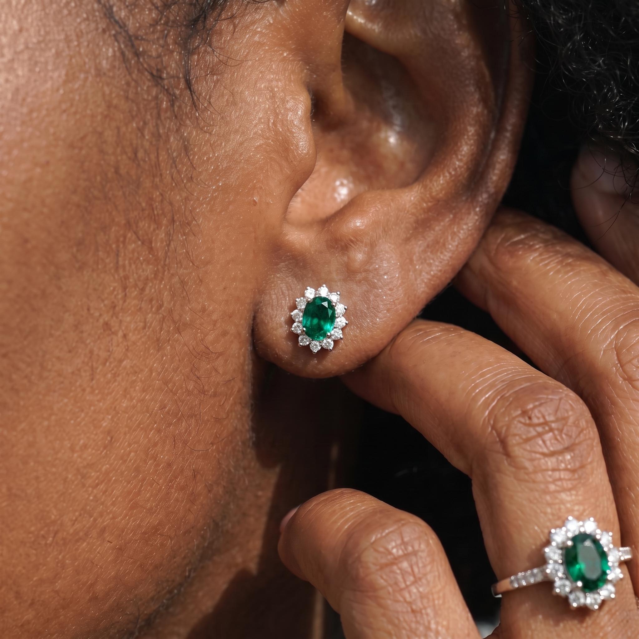 Emerald Stud Earrings, CZ Halo Earrings, Oval Green Gemstone Studs, May Birthstone Jewelry