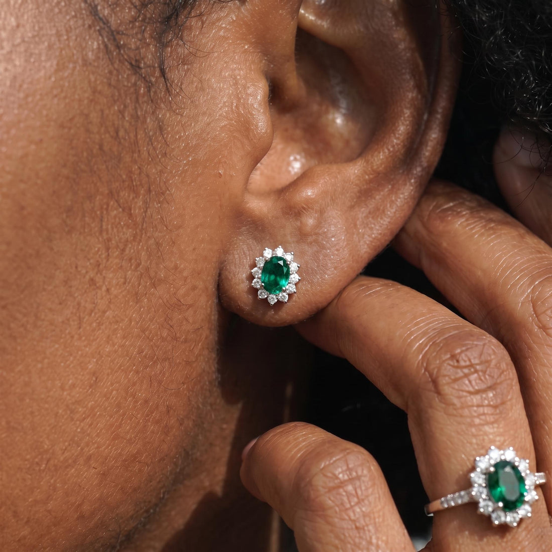 Emerald Stud Earrings, CZ Halo Earrings, Oval Green Gemstone Studs, May Birthstone Jewelry