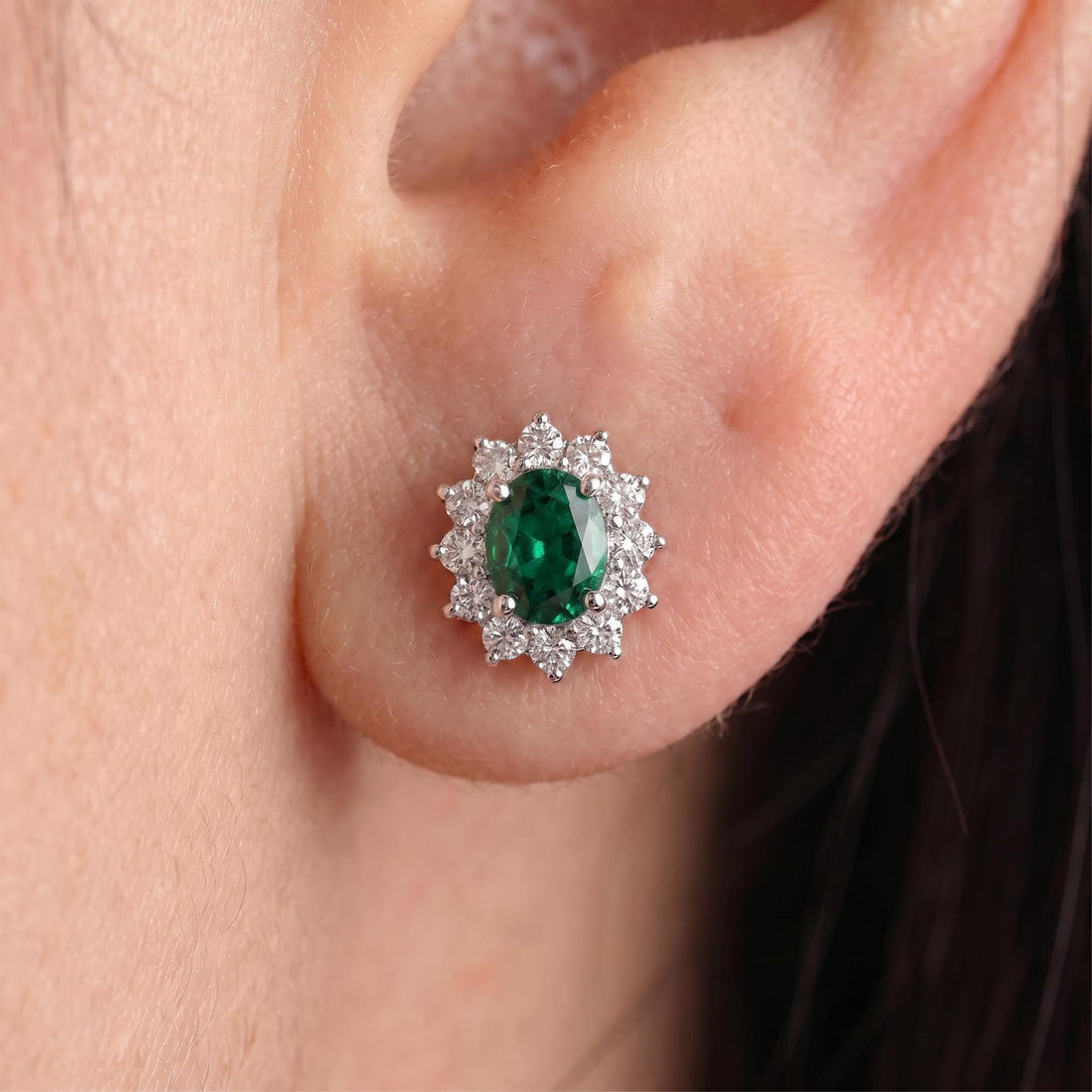 Emerald Stud Earrings, CZ Halo Earrings, Oval Green Gemstone Studs, May Birthstone Jewelry