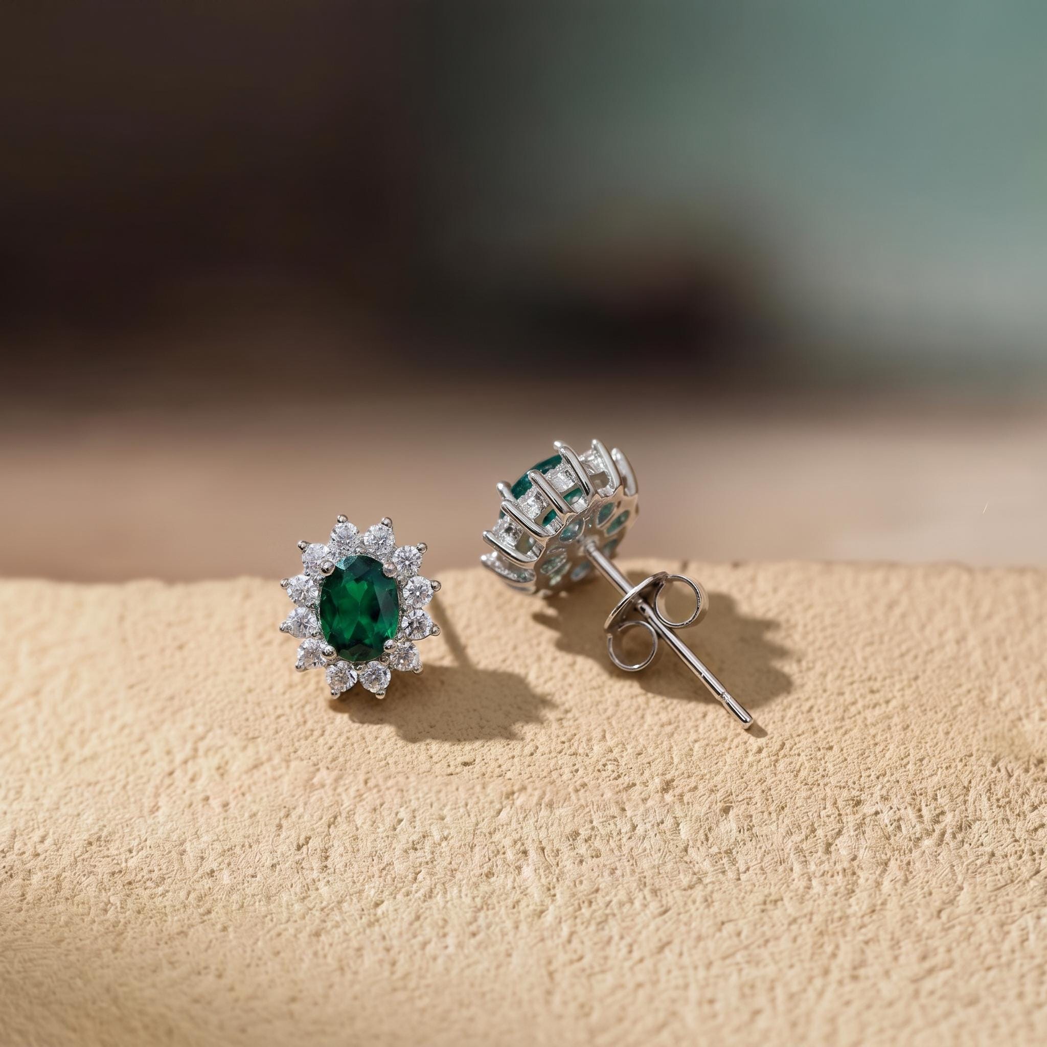 Emerald Stud Earrings, CZ Halo Earrings, Oval Green Gemstone Studs, May Birthstone Jewelry