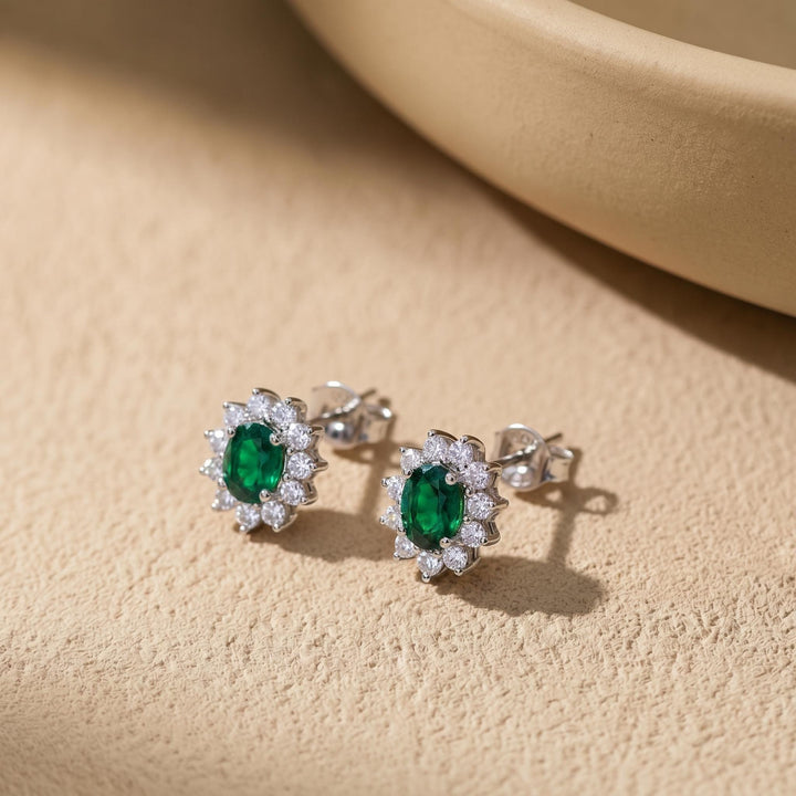 Emerald Stud Earrings, CZ Halo Earrings, Oval Green Gemstone Studs, May Birthstone Jewelry