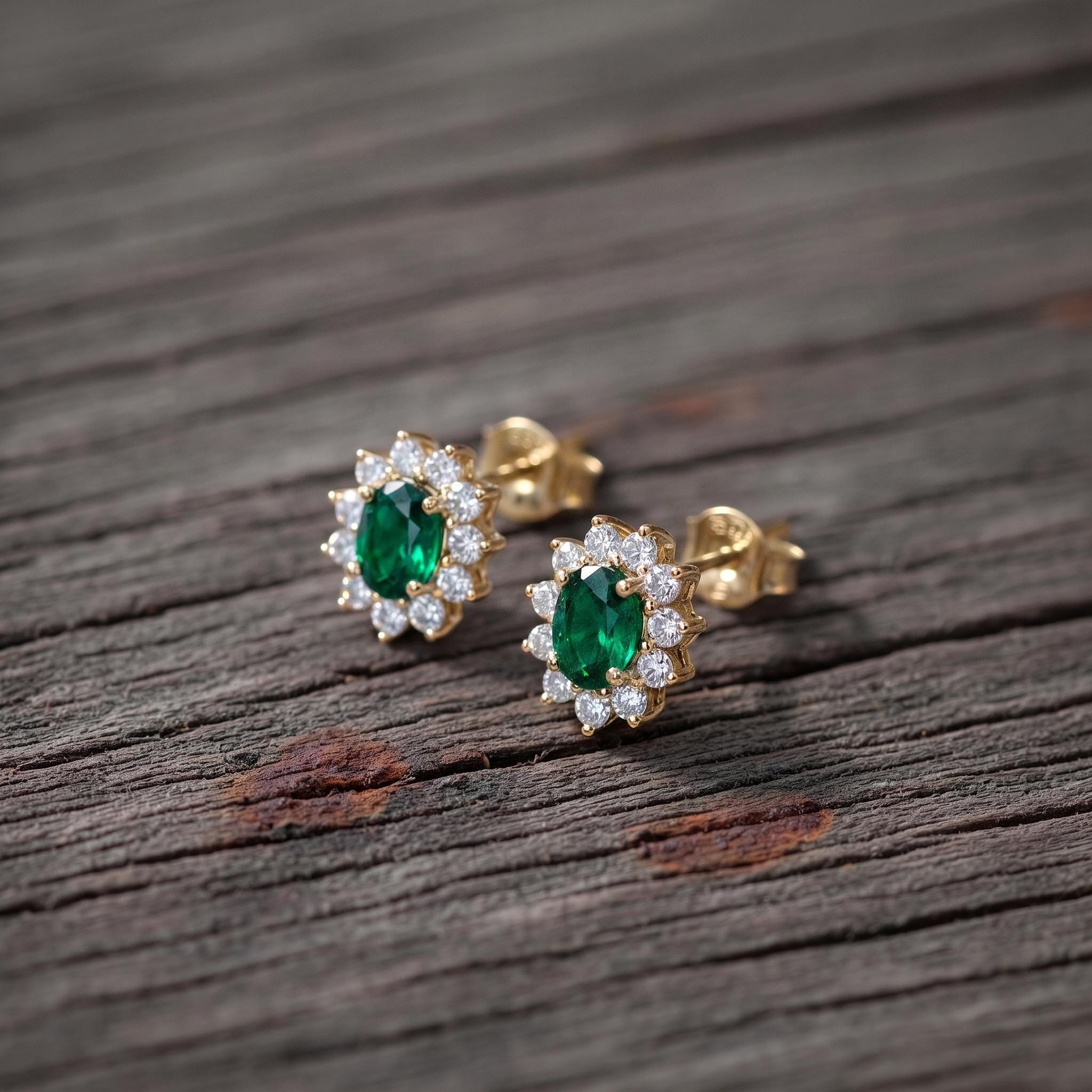 Emerald Stud Earrings, CZ Halo Earrings, Oval Green Gemstone Studs, May Birthstone Jewelry