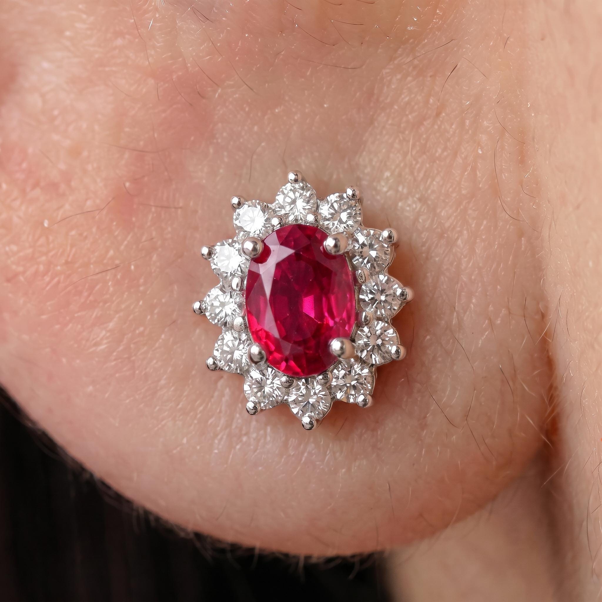 Ruby Stud Earrings, CZ Halo Earrings, Oval Red Gemstone Studs, July Birthstone Jewelry