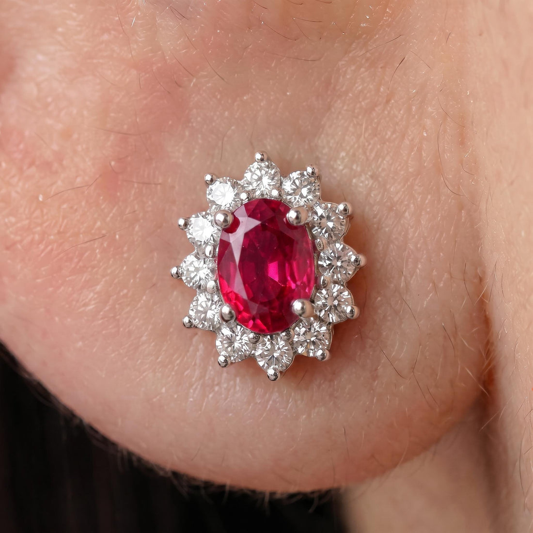 Ruby Stud Earrings, CZ Halo Earrings, Oval Red Gemstone Studs, July Birthstone Jewelry