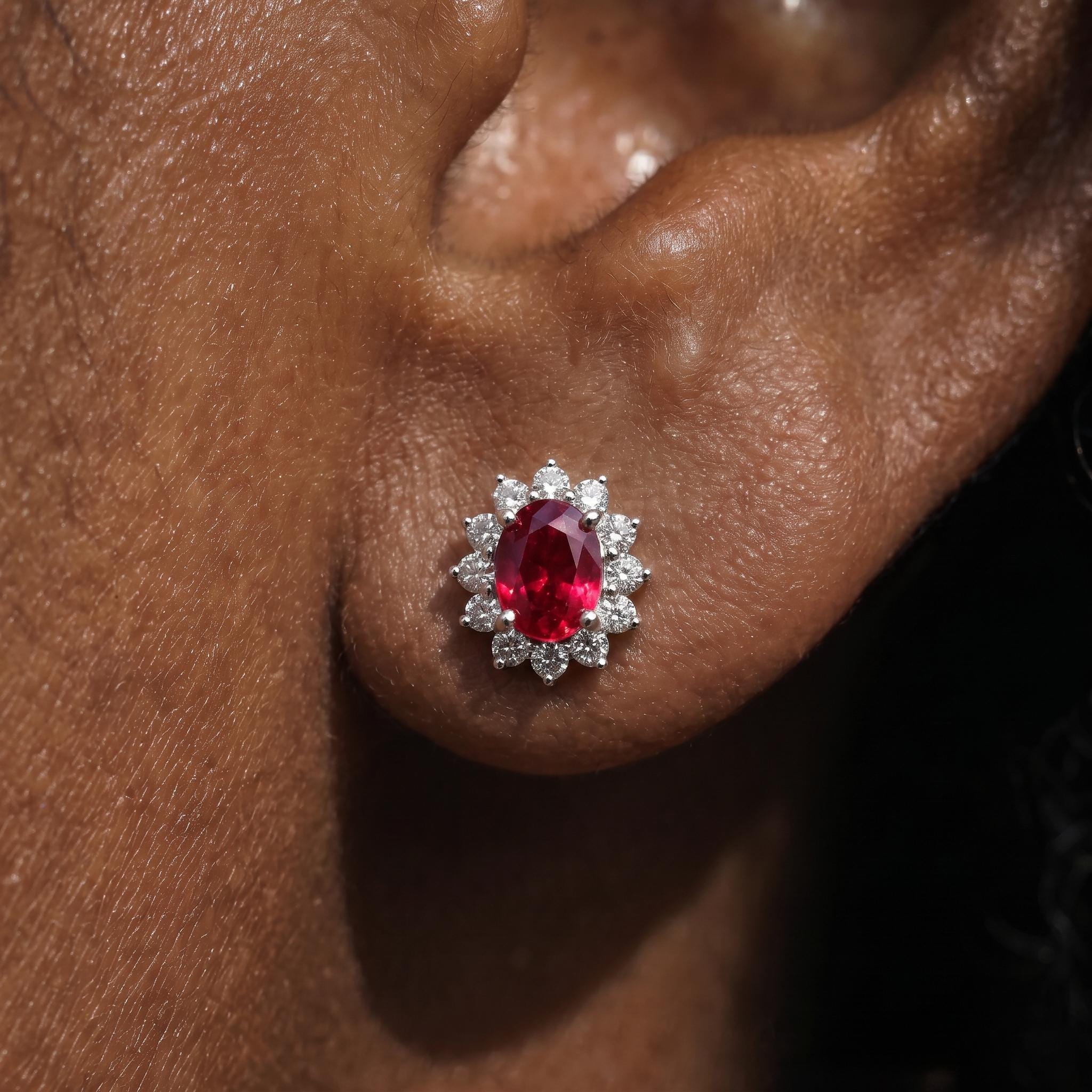 Ruby Stud Earrings, CZ Halo Earrings, Oval Red Gemstone Studs, July Birthstone Jewelry