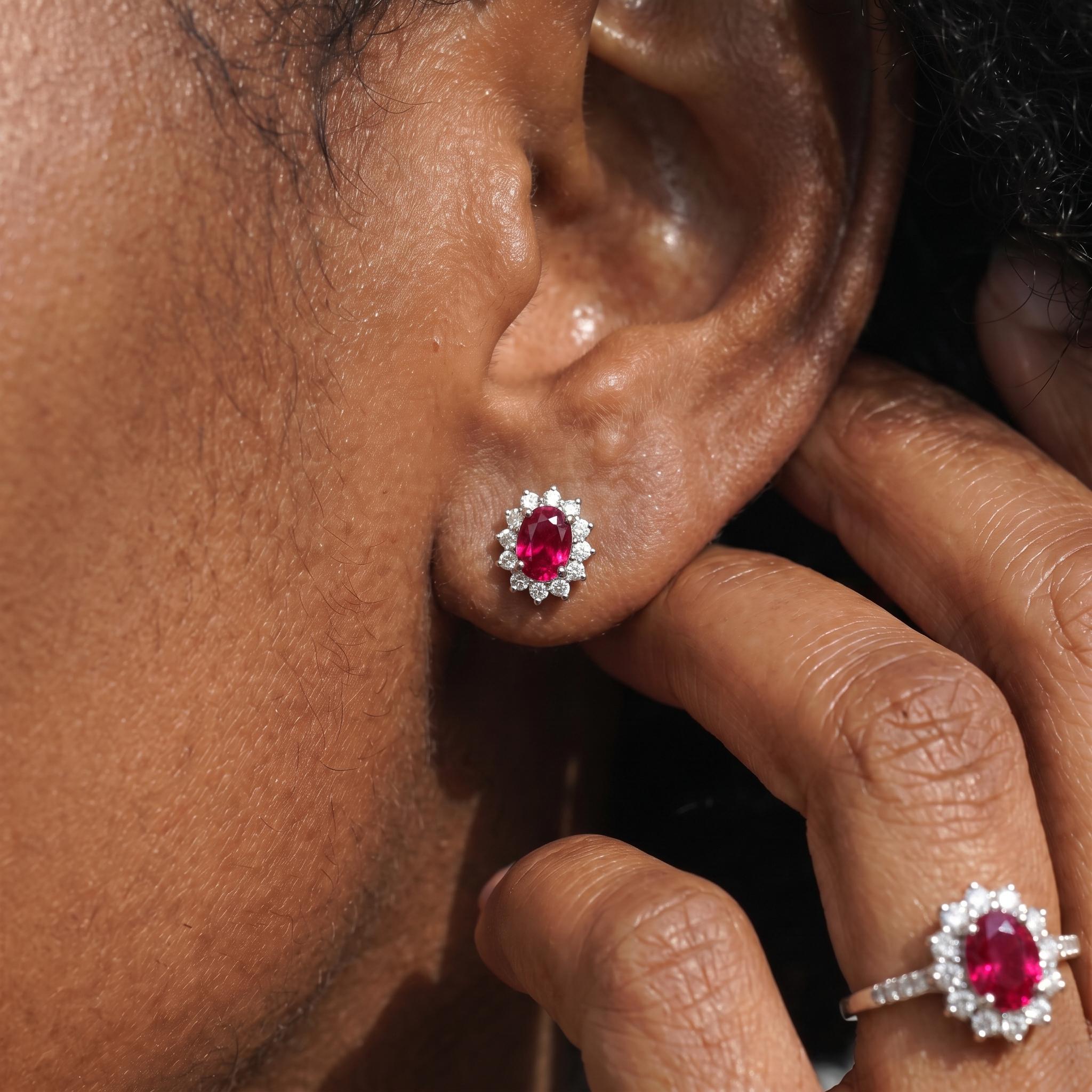 Ruby Stud Earrings, CZ Halo Earrings, Oval Red Gemstone Studs, July Birthstone Jewelry