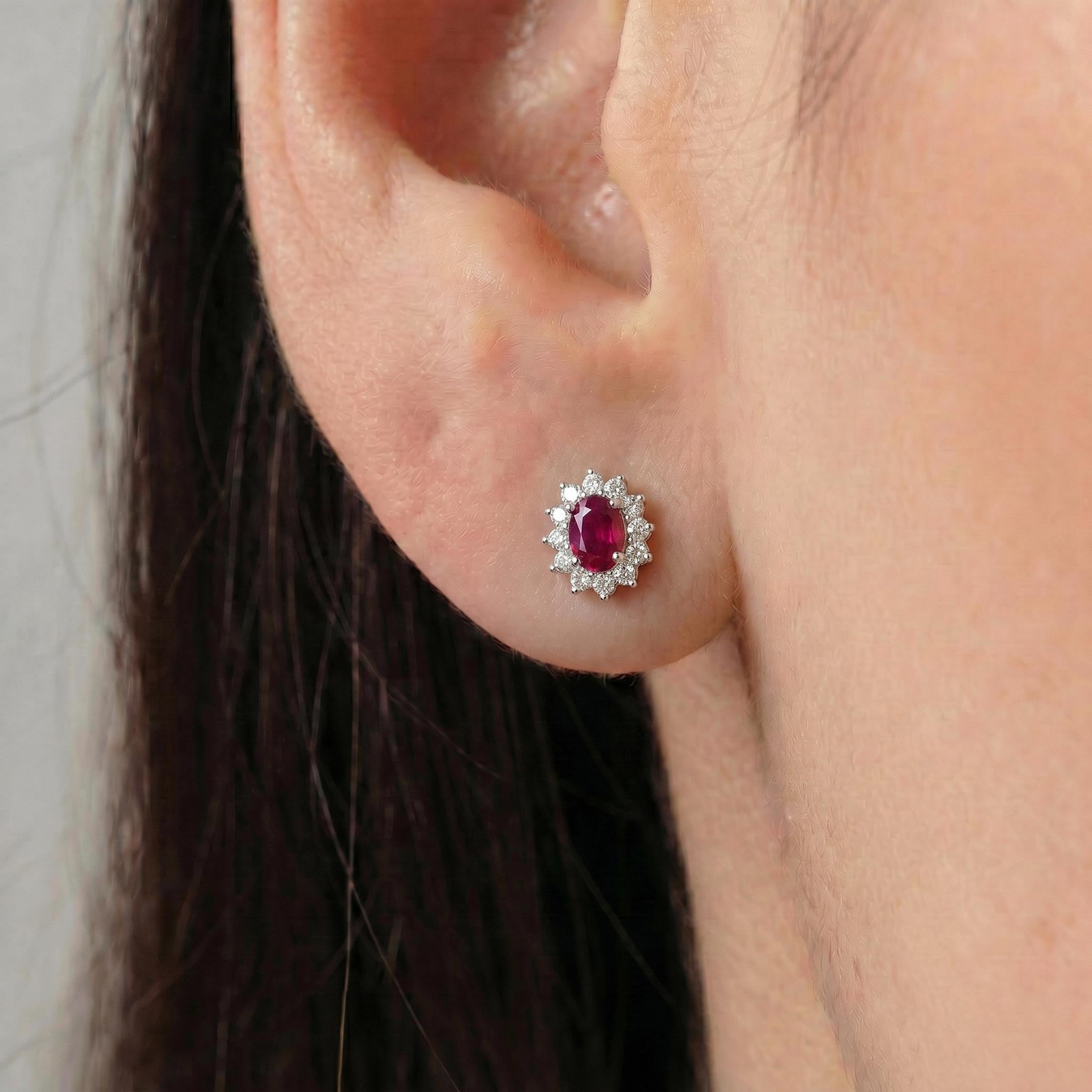 Ruby Stud Earrings, CZ Halo Earrings, Oval Red Gemstone Studs, July Birthstone Jewelry