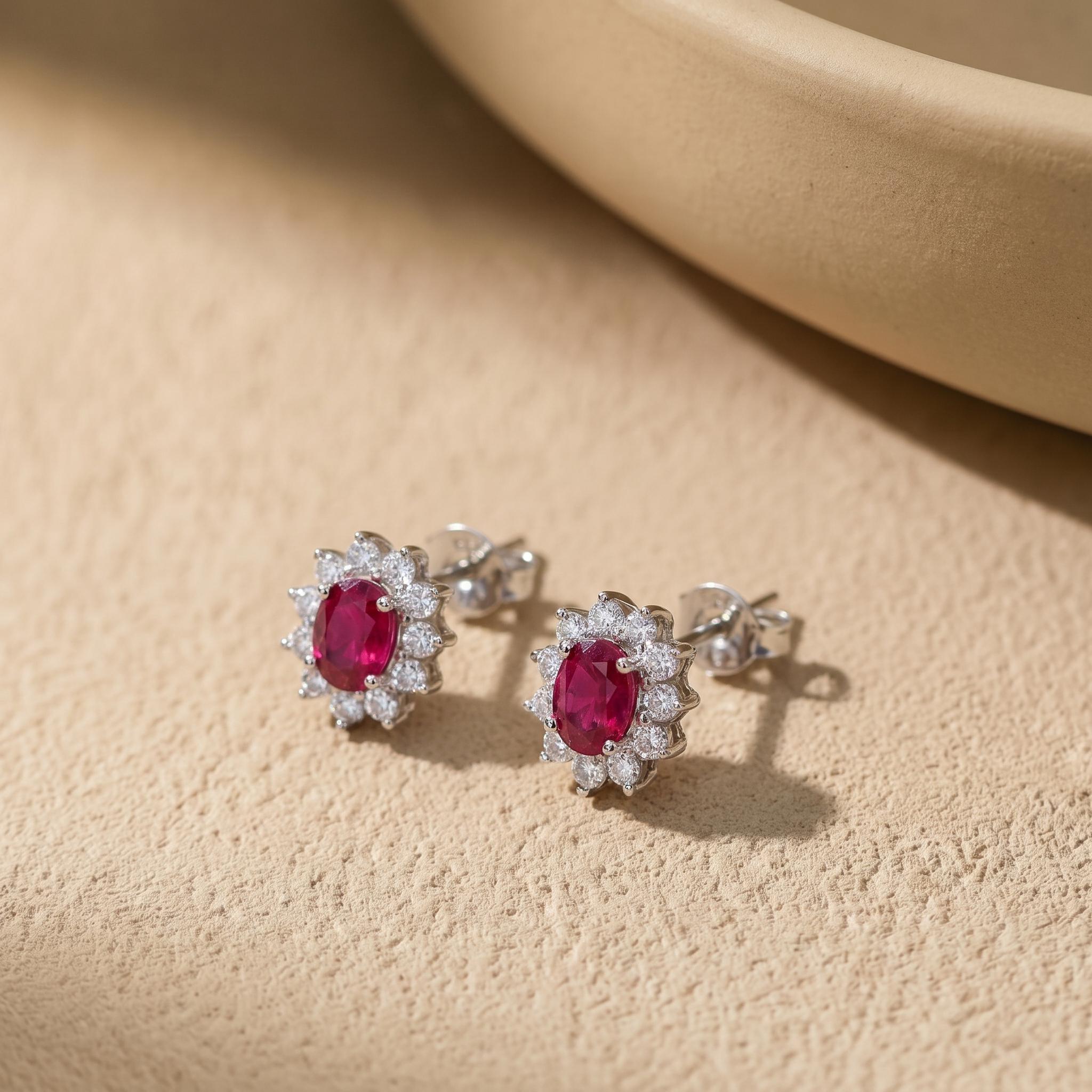 Ruby Stud Earrings, CZ Halo Earrings, Oval Red Gemstone Studs, July Birthstone Jewelry