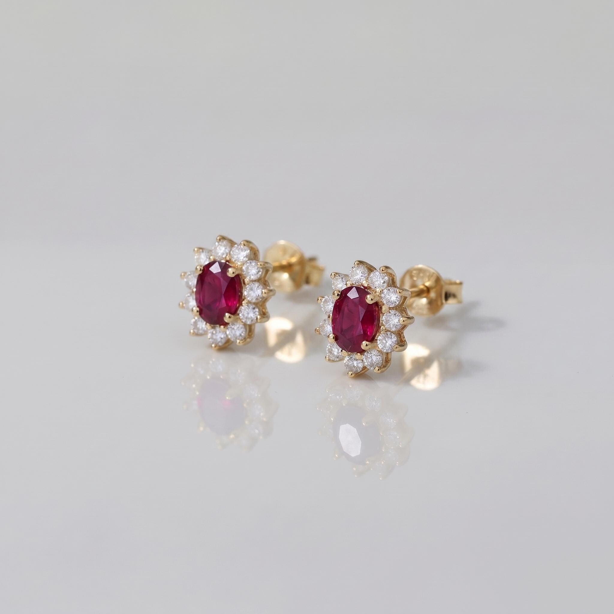 Ruby Stud Earrings, CZ Halo Earrings, Oval Red Gemstone Studs, July Birthstone Jewelry