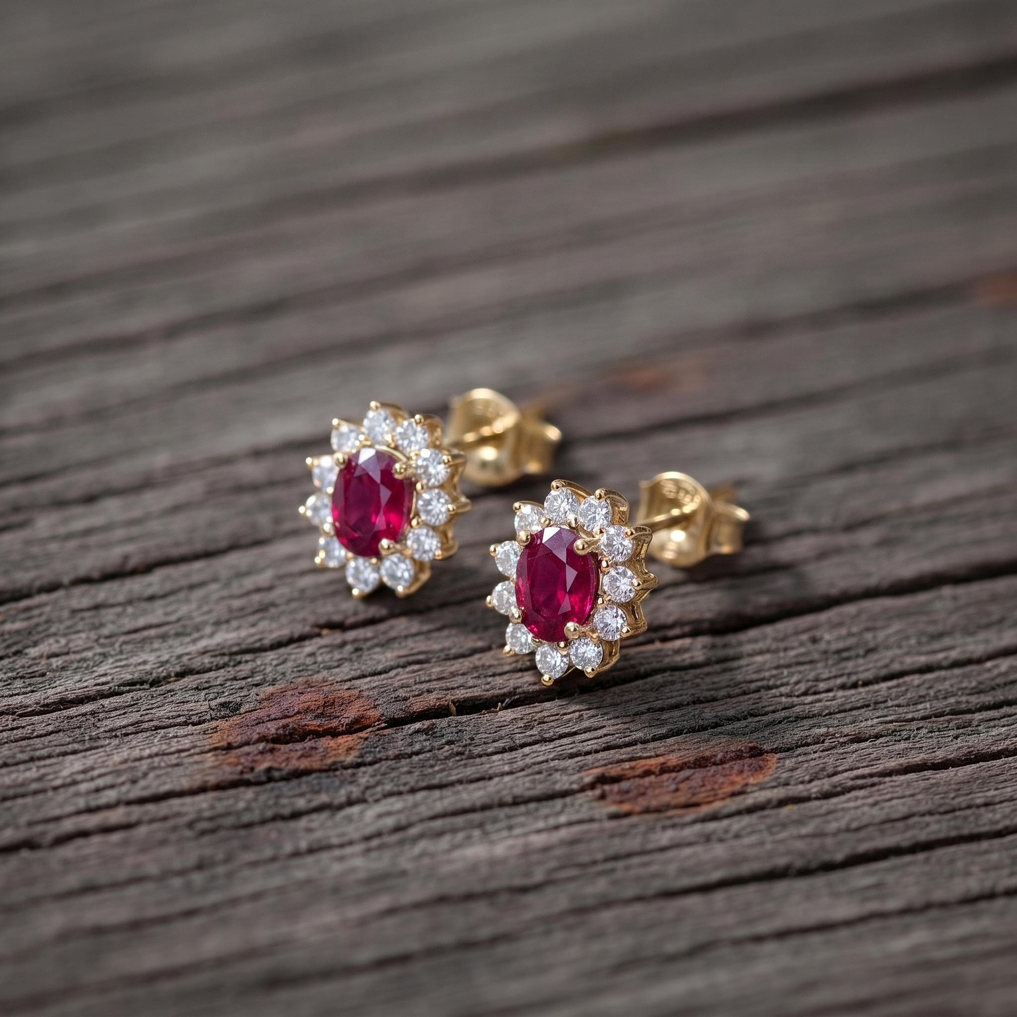 Ruby Stud Earrings, CZ Halo Earrings, Oval Red Gemstone Studs, July Birthstone Jewelry