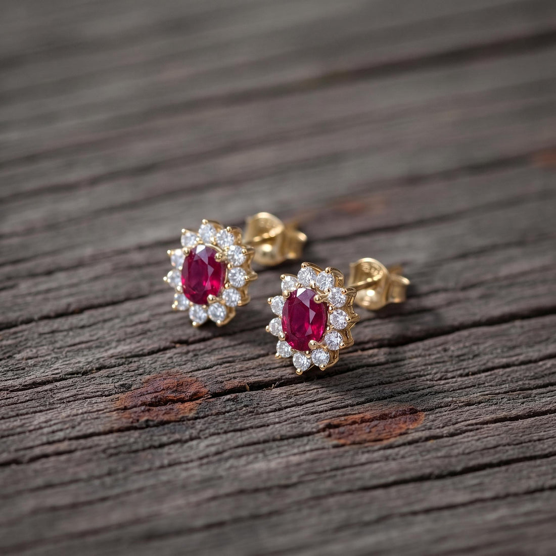 Ruby Stud Earrings, CZ Halo Earrings, Oval Red Gemstone Studs, July Birthstone Jewelry