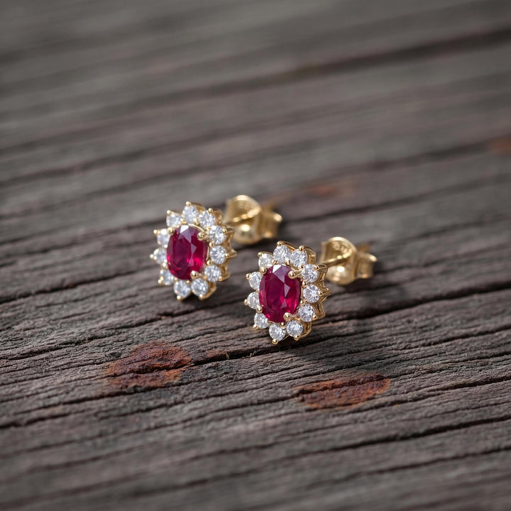Ruby Stud Earrings, CZ Halo Earrings, Oval Red Gemstone Studs, July Birthstone Jewelry