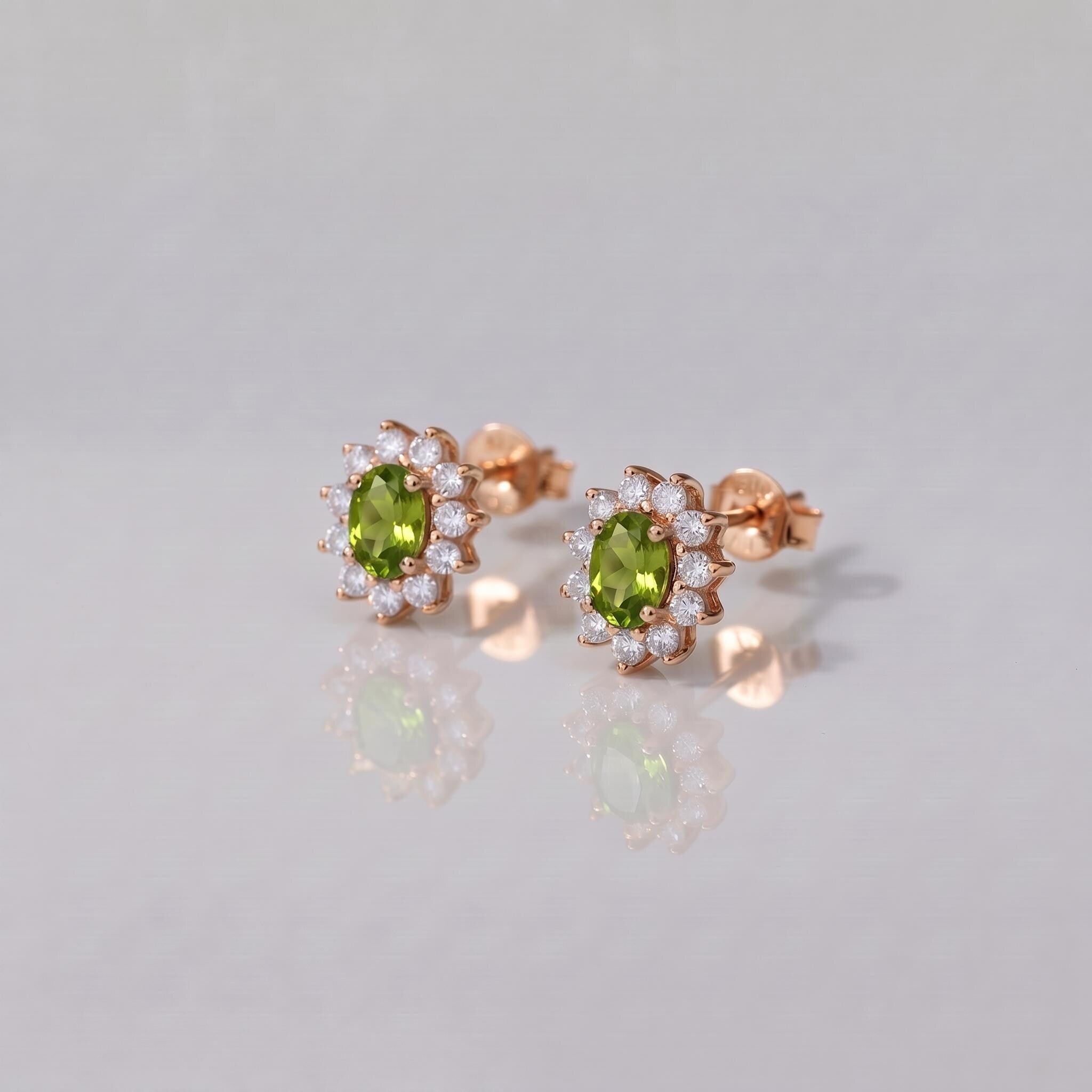Peridot Stud Earrings, CZ Halo Earrings, Oval Green Gemstone Studs, August Birthstone Jewelry