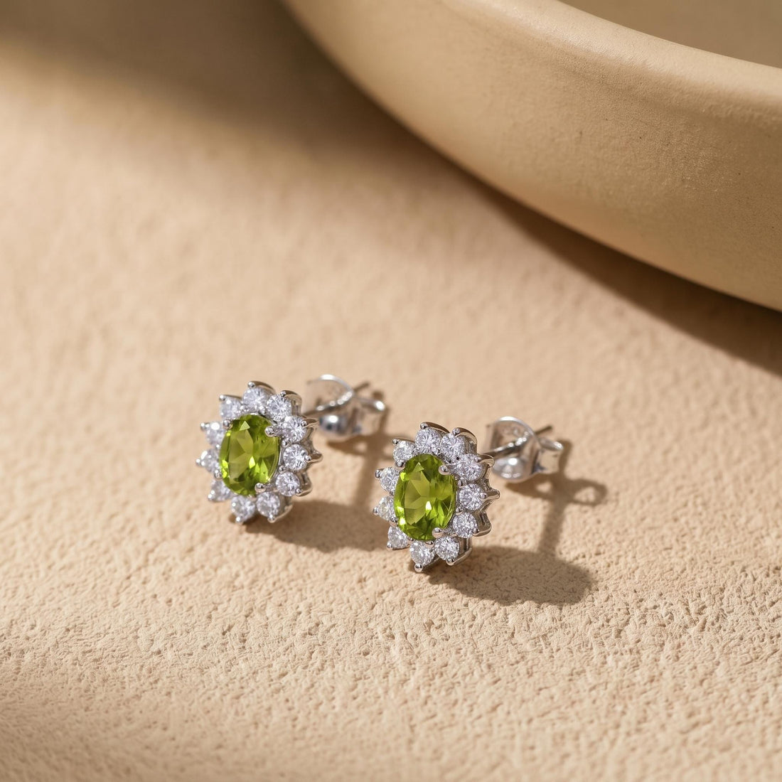 Peridot Stud Earrings, CZ Halo Earrings, Oval Green Gemstone Studs, August Birthstone Jewelry