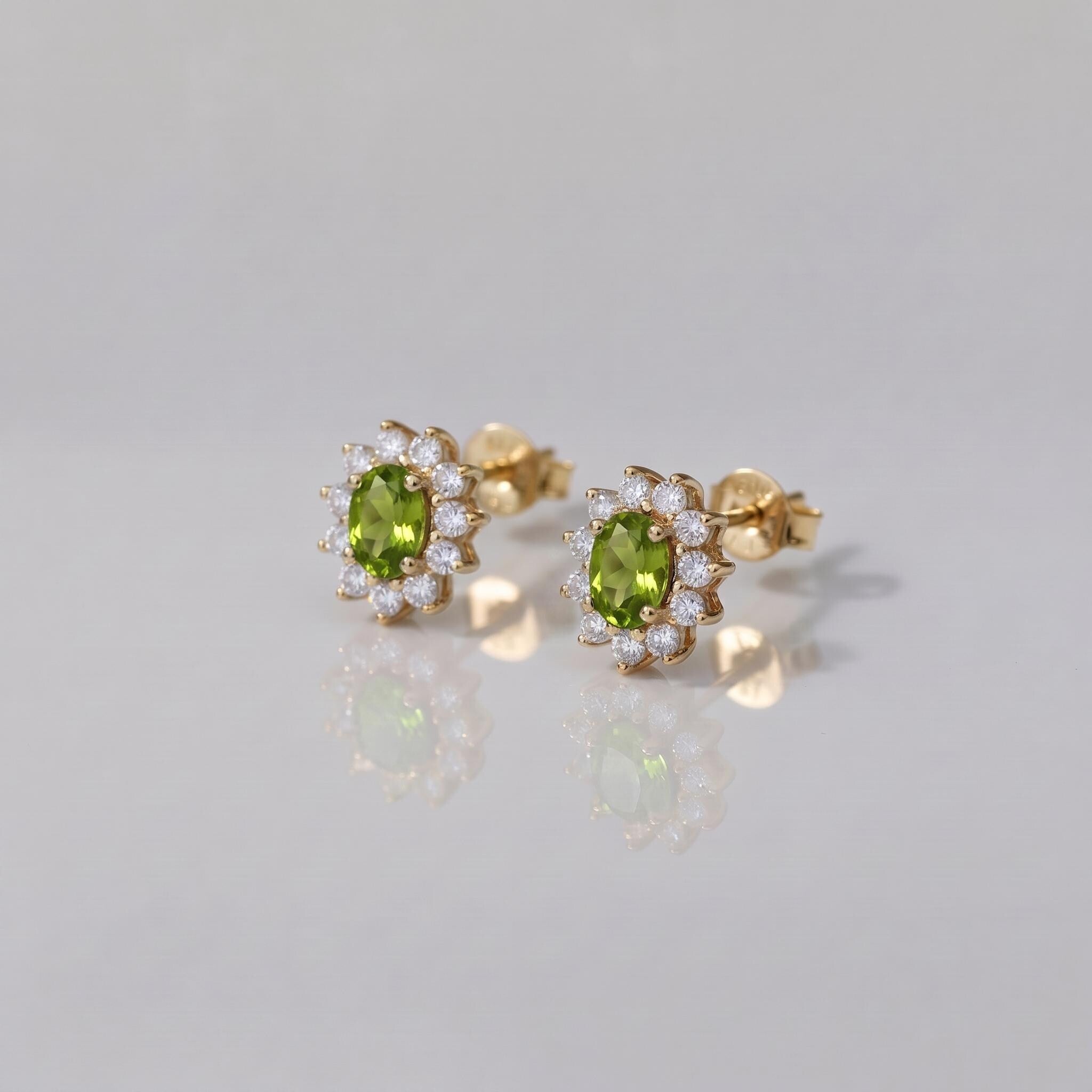 Peridot Stud Earrings, CZ Halo Earrings, Oval Green Gemstone Studs, August Birthstone Jewelry
