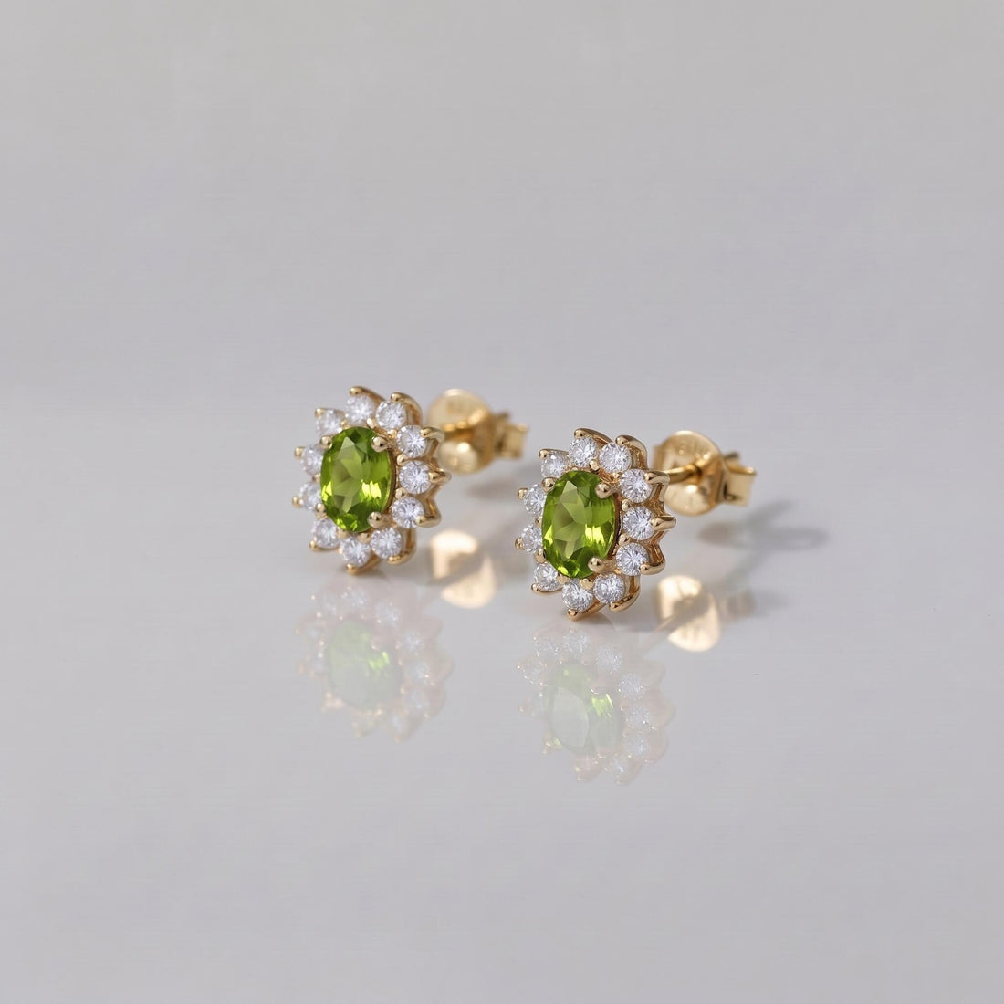 Peridot Stud Earrings, CZ Halo Earrings, Oval Green Gemstone Studs, August Birthstone Jewelry