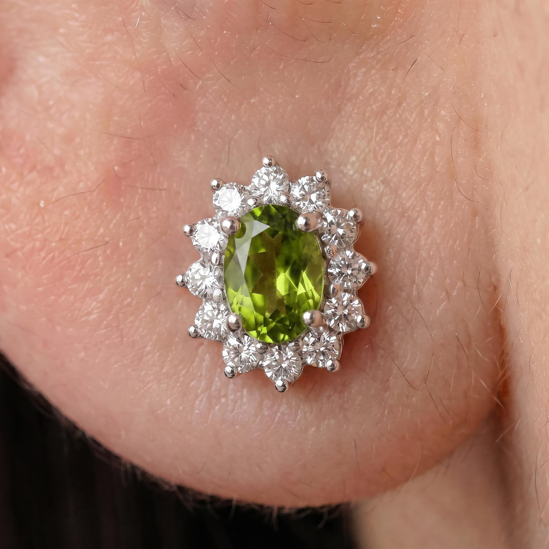 Peridot Stud Earrings, CZ Halo Earrings, Oval Green Gemstone Studs, August Birthstone Jewelry