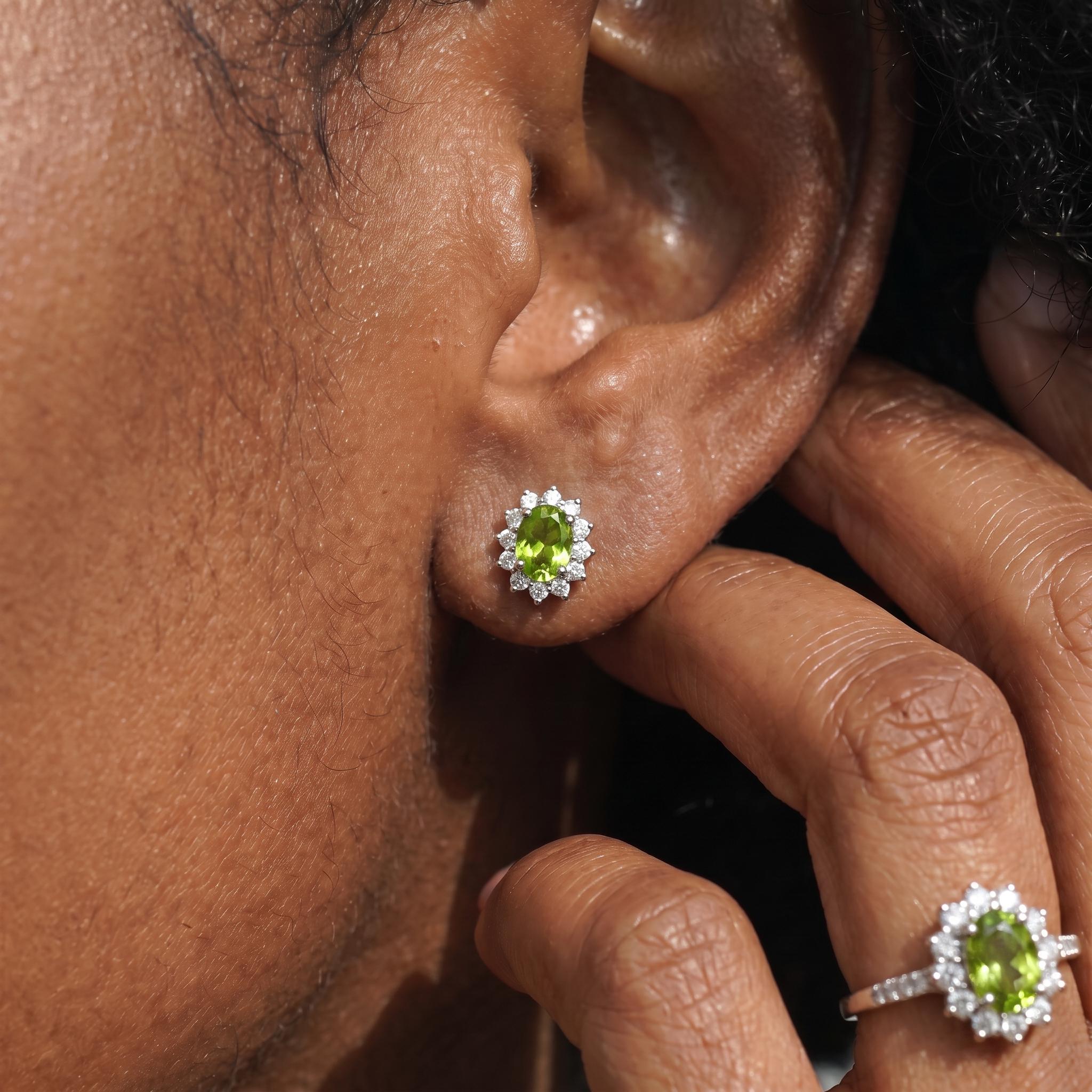 Peridot Stud Earrings, CZ Halo Earrings, Oval Green Gemstone Studs, August Birthstone Jewelry