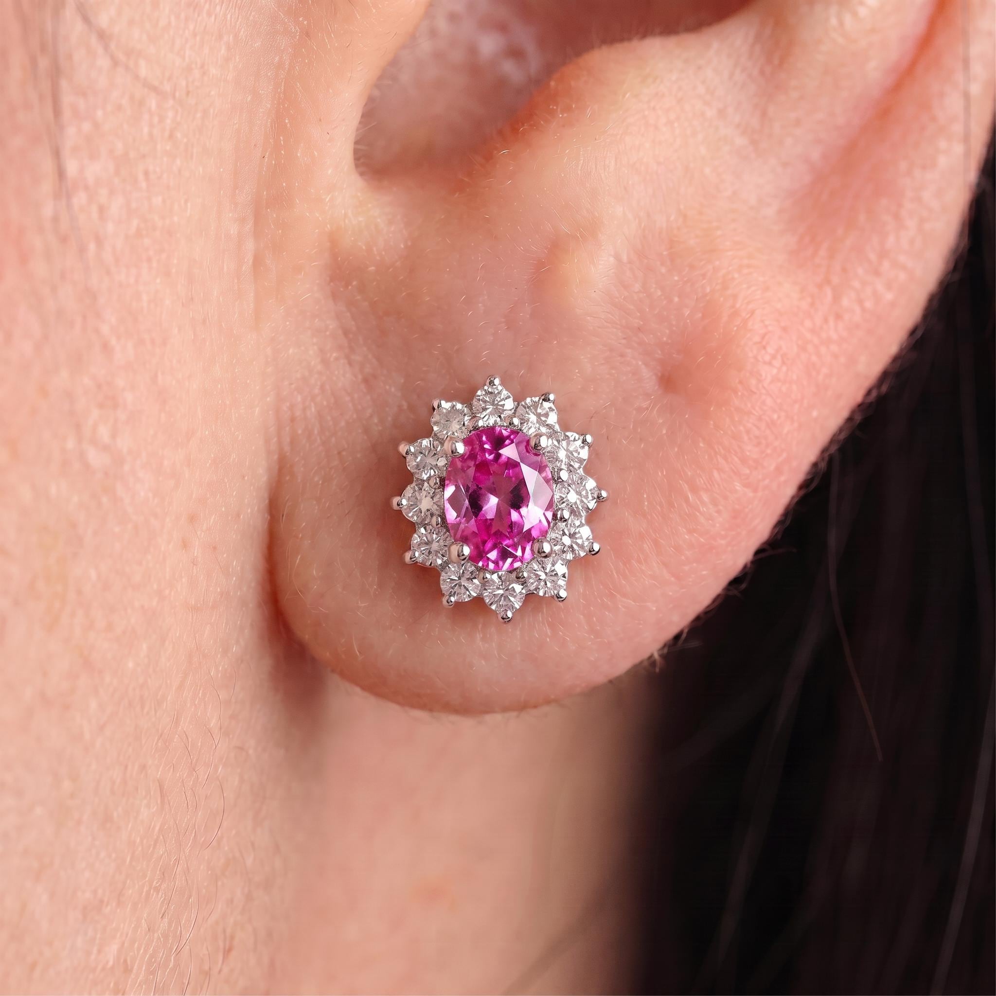 Pink Tourmaline Stud Earrings, CZ Halo Earrings, Oval Pink Gemstone Studs, Romantic Jewelry Gift