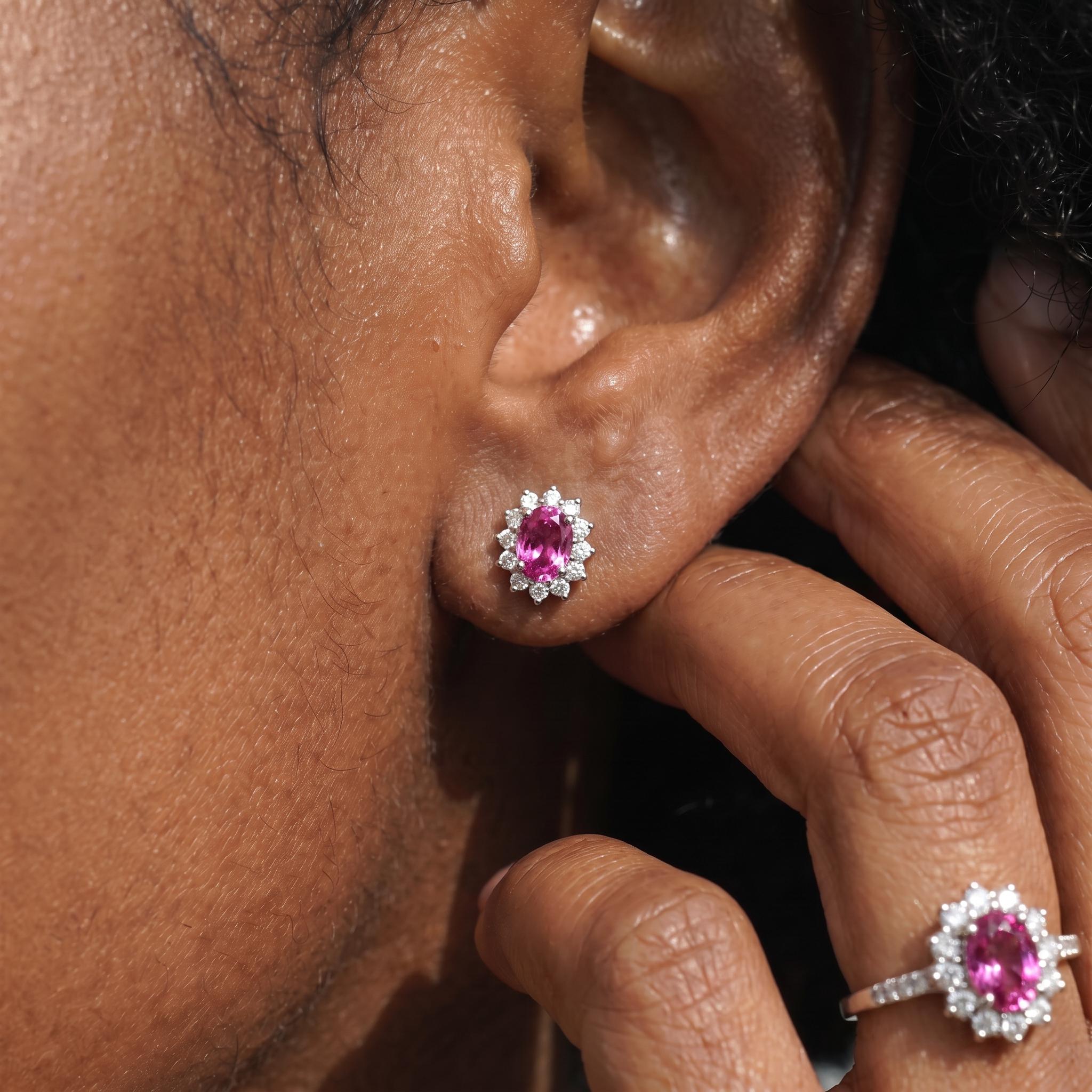 Pink Tourmaline Stud Earrings, CZ Halo Earrings, Oval Pink Gemstone Studs, Romantic Jewelry Gift