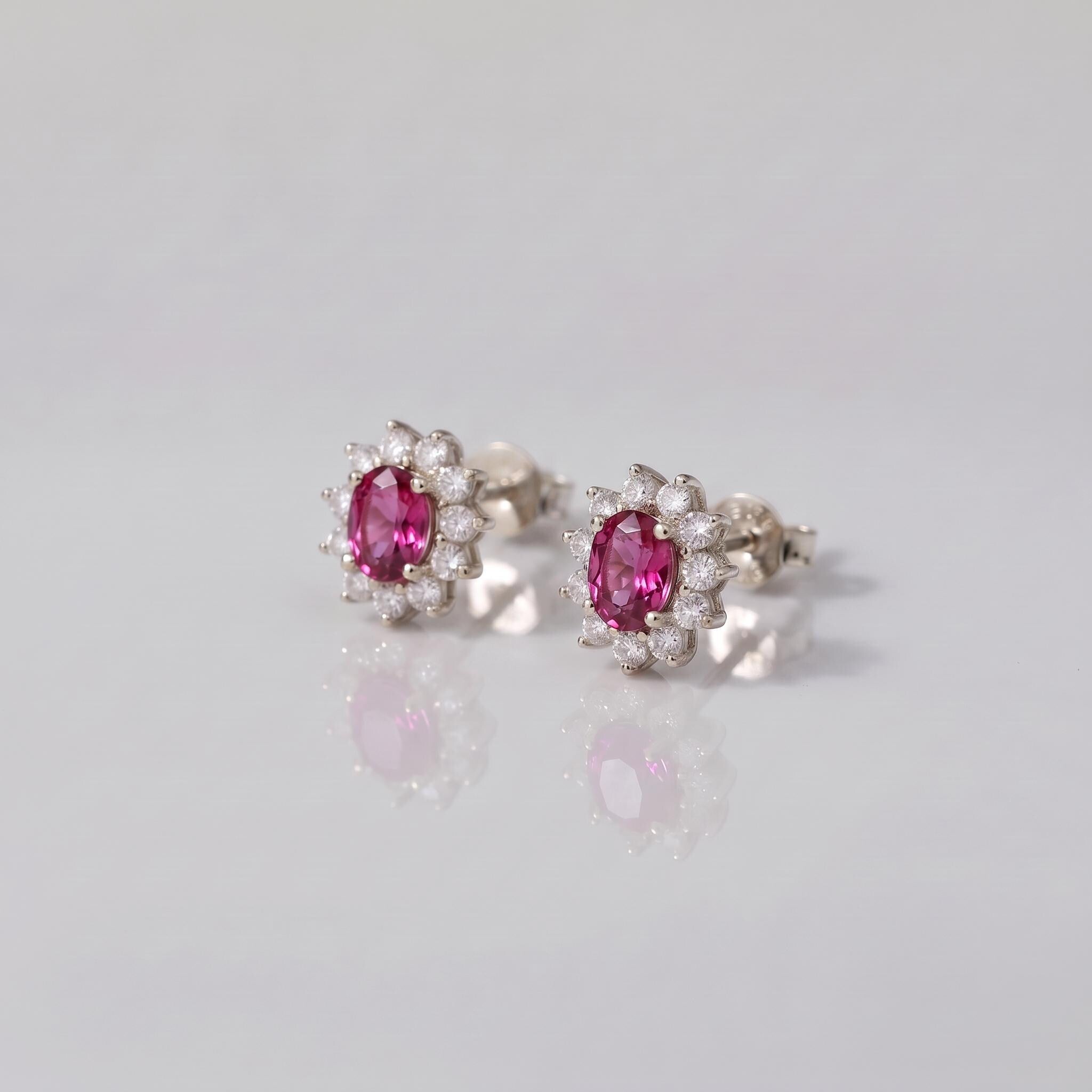 Pink Tourmaline Stud Earrings, CZ Halo Earrings, Oval Pink Gemstone Studs, Romantic Jewelry Gift