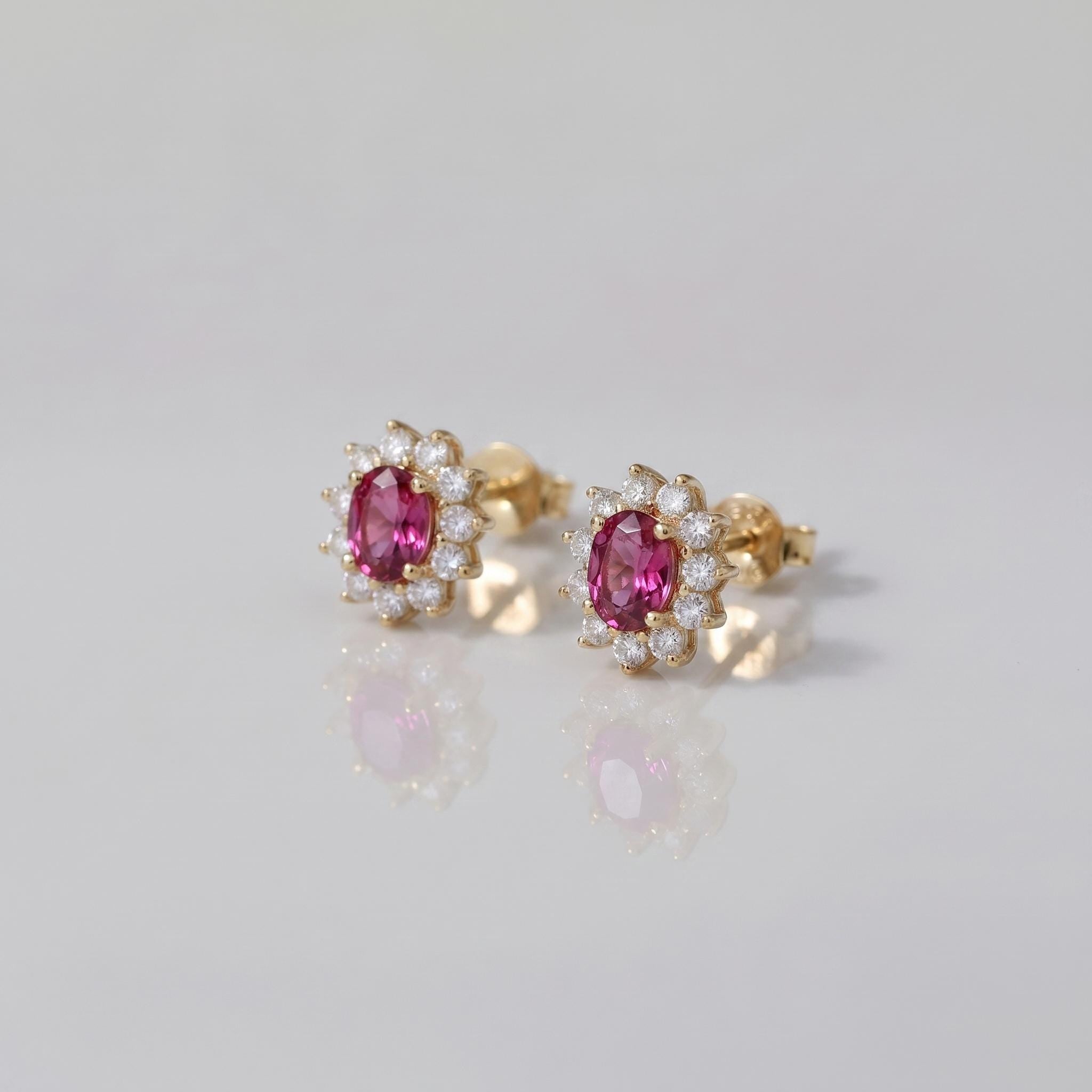 Pink Tourmaline Stud Earrings, CZ Halo Earrings, Oval Pink Gemstone Studs, Romantic Jewelry Gift