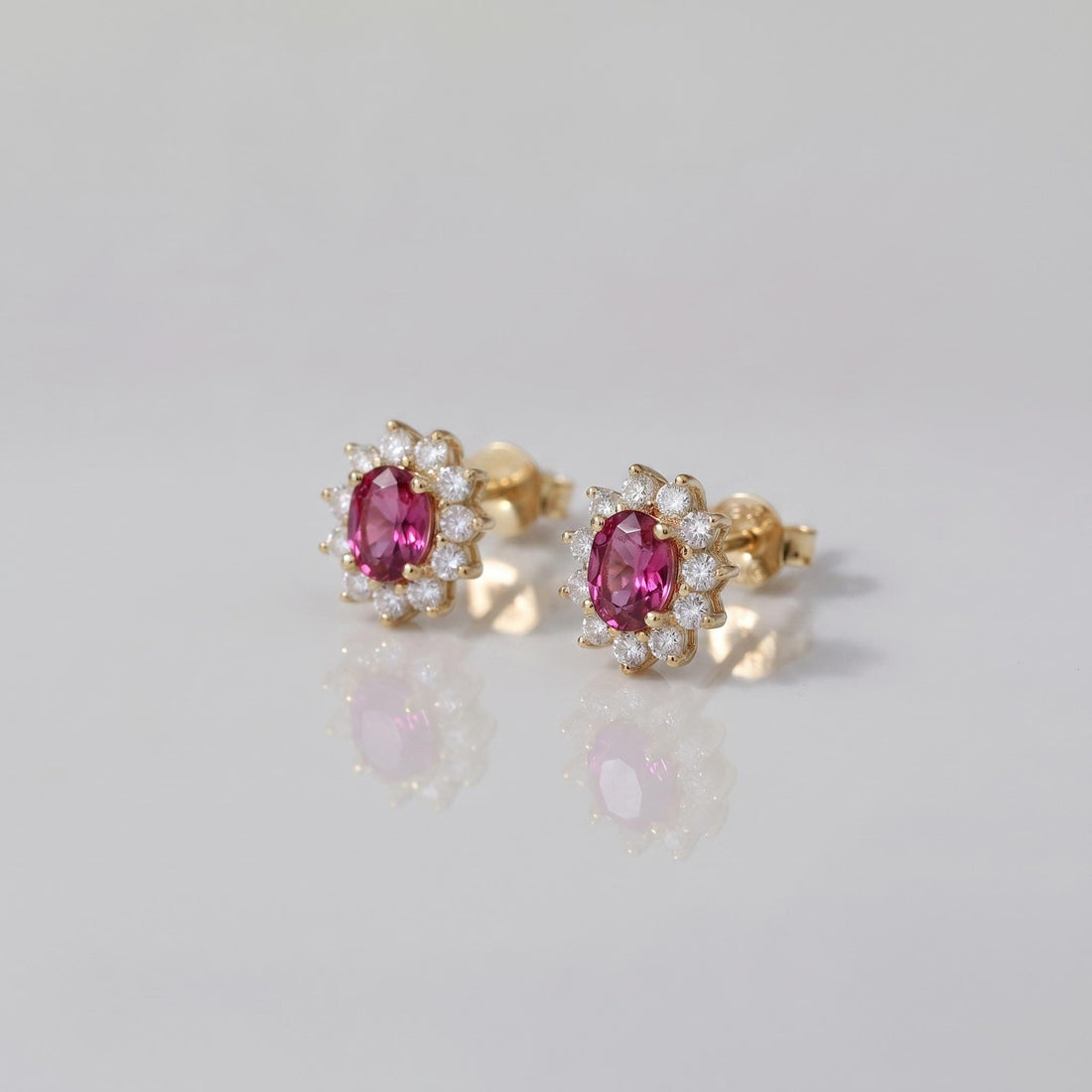 Pink Tourmaline Stud Earrings, CZ Halo Earrings, Oval Pink Gemstone Studs, Romantic Jewelry Gift