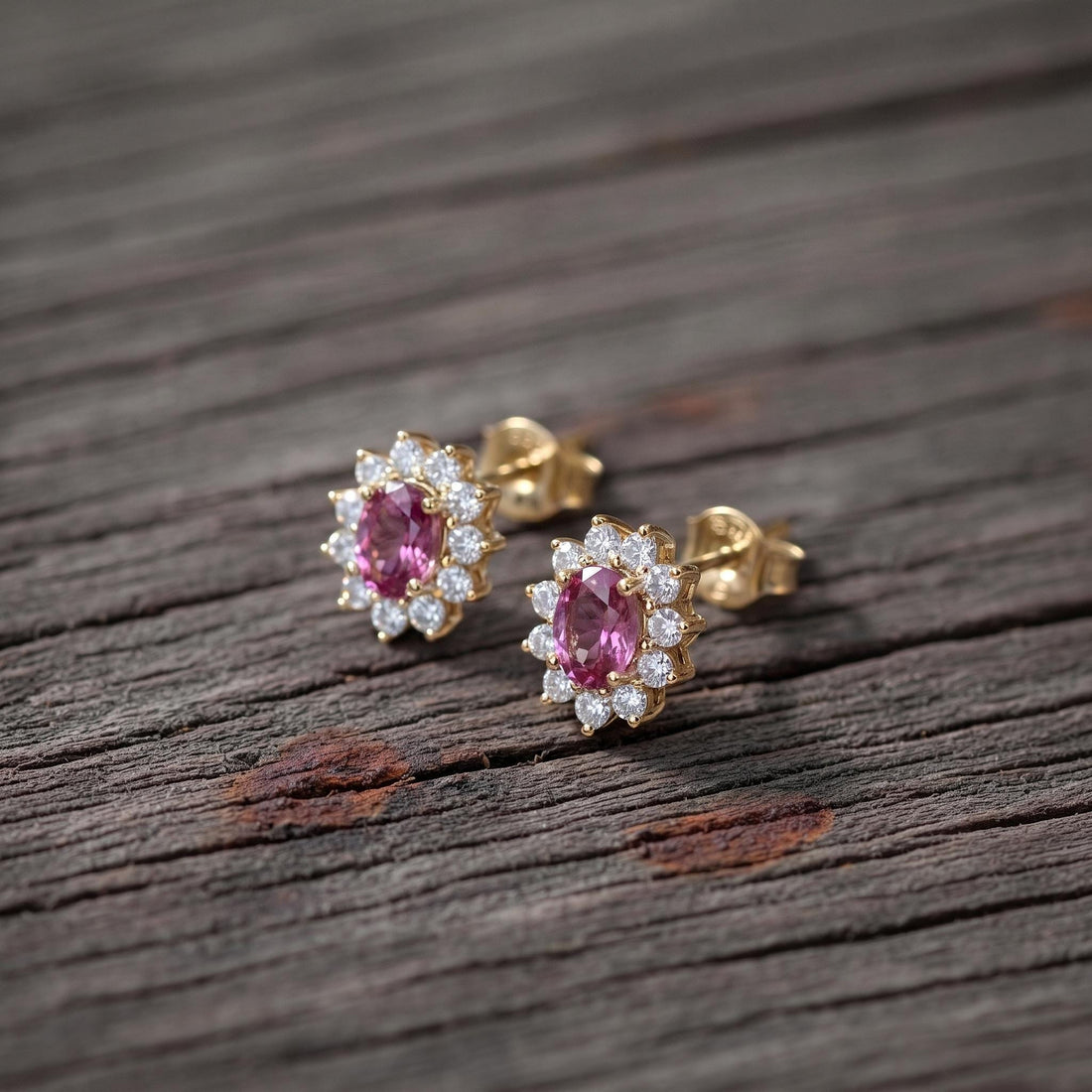 Pink Tourmaline Stud Earrings, CZ Halo Earrings, Oval Pink Gemstone Studs, Romantic Jewelry Gift