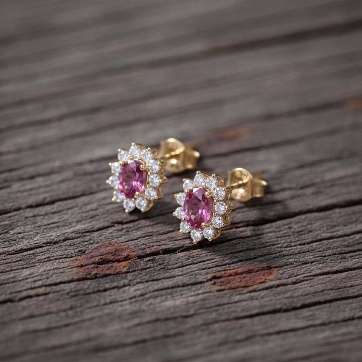Pink Tourmaline Stud Earrings, CZ Halo Earrings, Oval Pink Gemstone Studs, Romantic Jewelry Gift