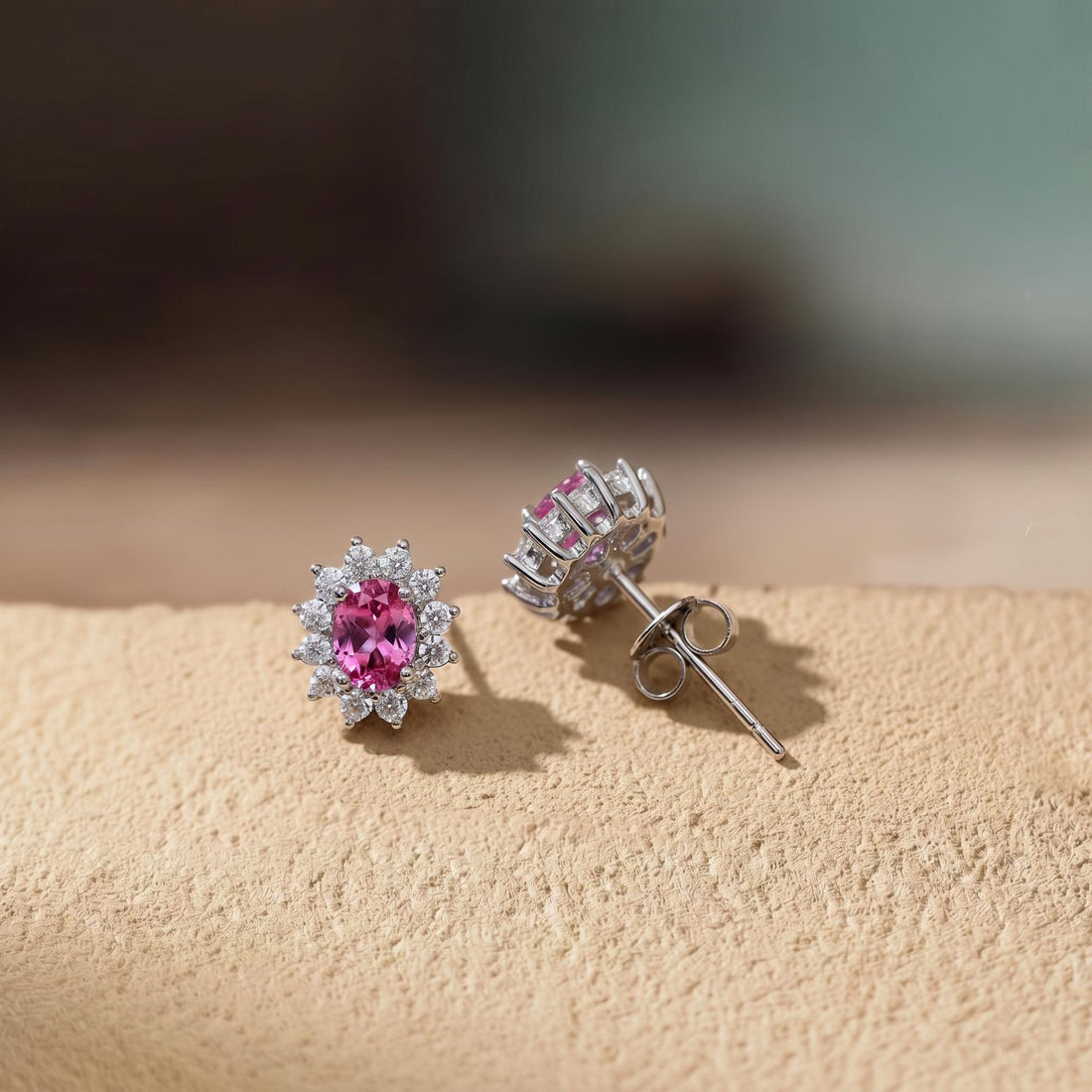Pink Tourmaline Stud Earrings, CZ Halo Earrings, Oval Pink Gemstone Studs, Romantic Jewelry Gift