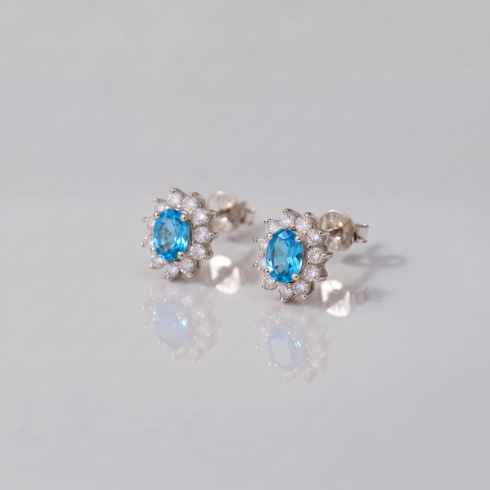 Dainty Blue Topaz Halo Stud Earrings | Floral December Birthstone Gift for Her | Elegant Everyday Jewelry