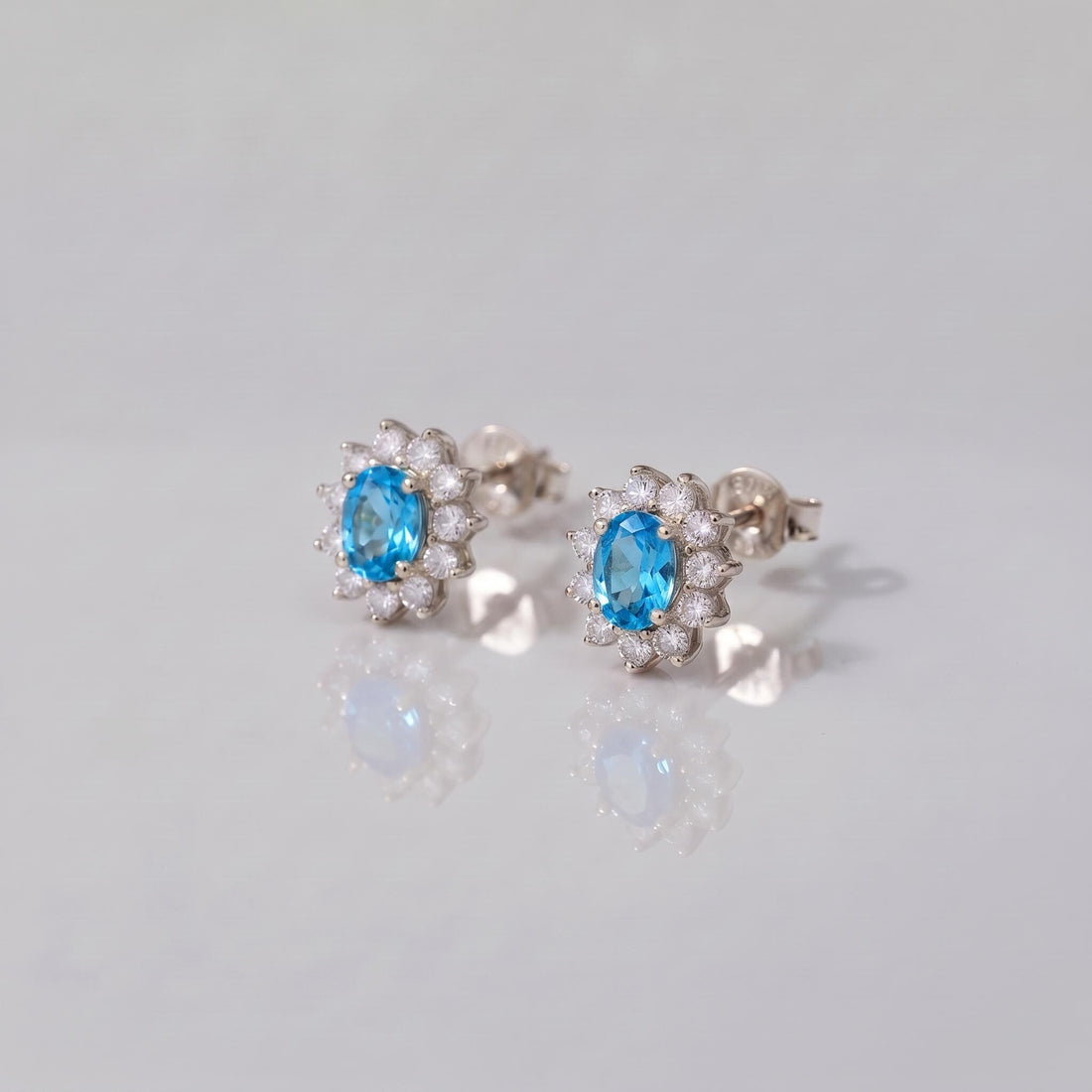 Dainty Blue Topaz Halo Stud Earrings | Floral December Birthstone Gift for Her | Elegant Everyday Jewelry