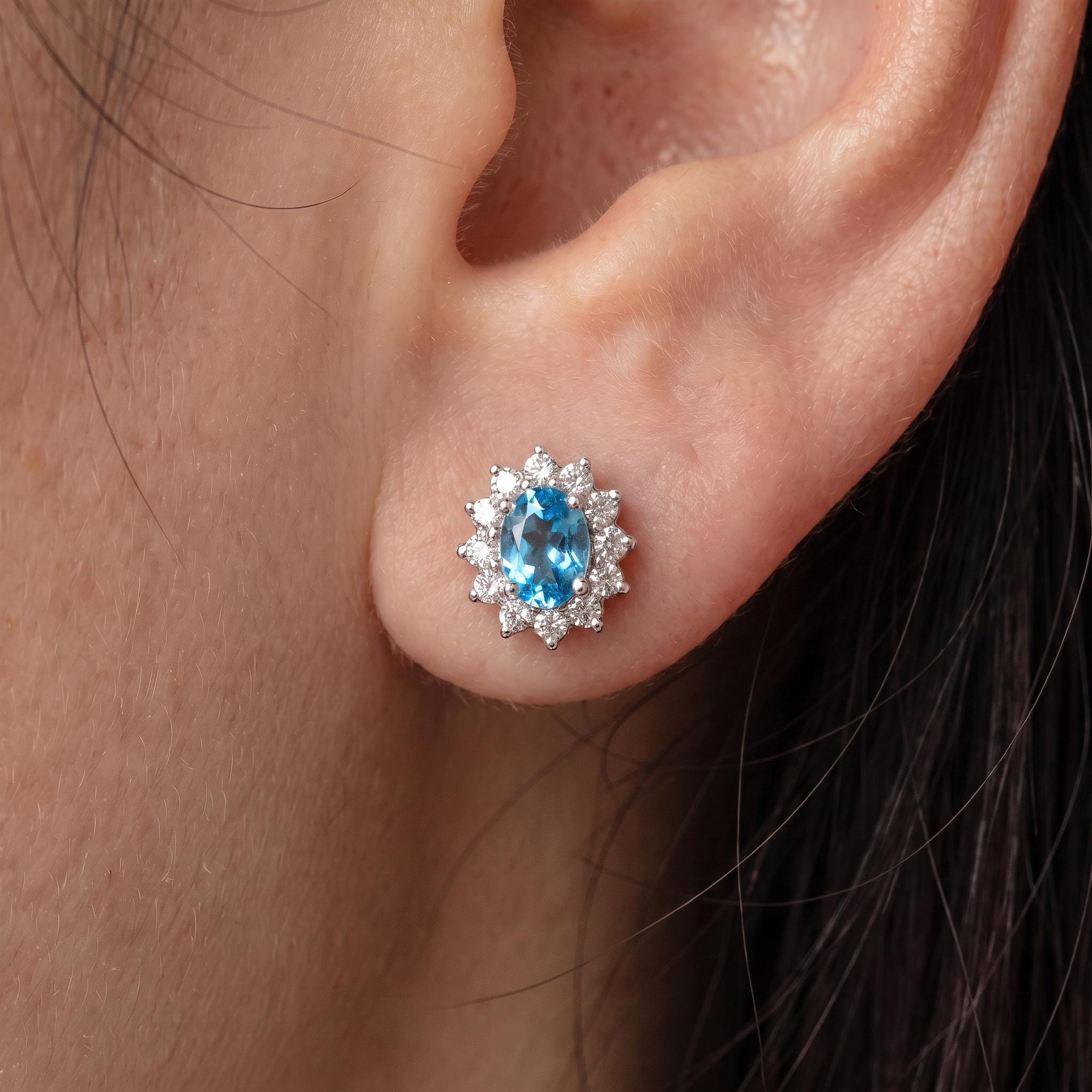 Dainty Blue Topaz Halo Stud Earrings | Floral December Birthstone Gift for Her | Elegant Everyday Jewelry