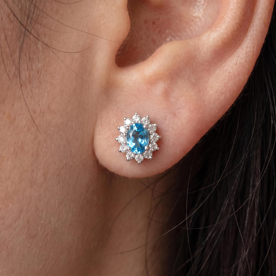 Dainty Blue Topaz Halo Stud Earrings | Floral December Birthstone Gift for Her | Elegant Everyday Jewelry